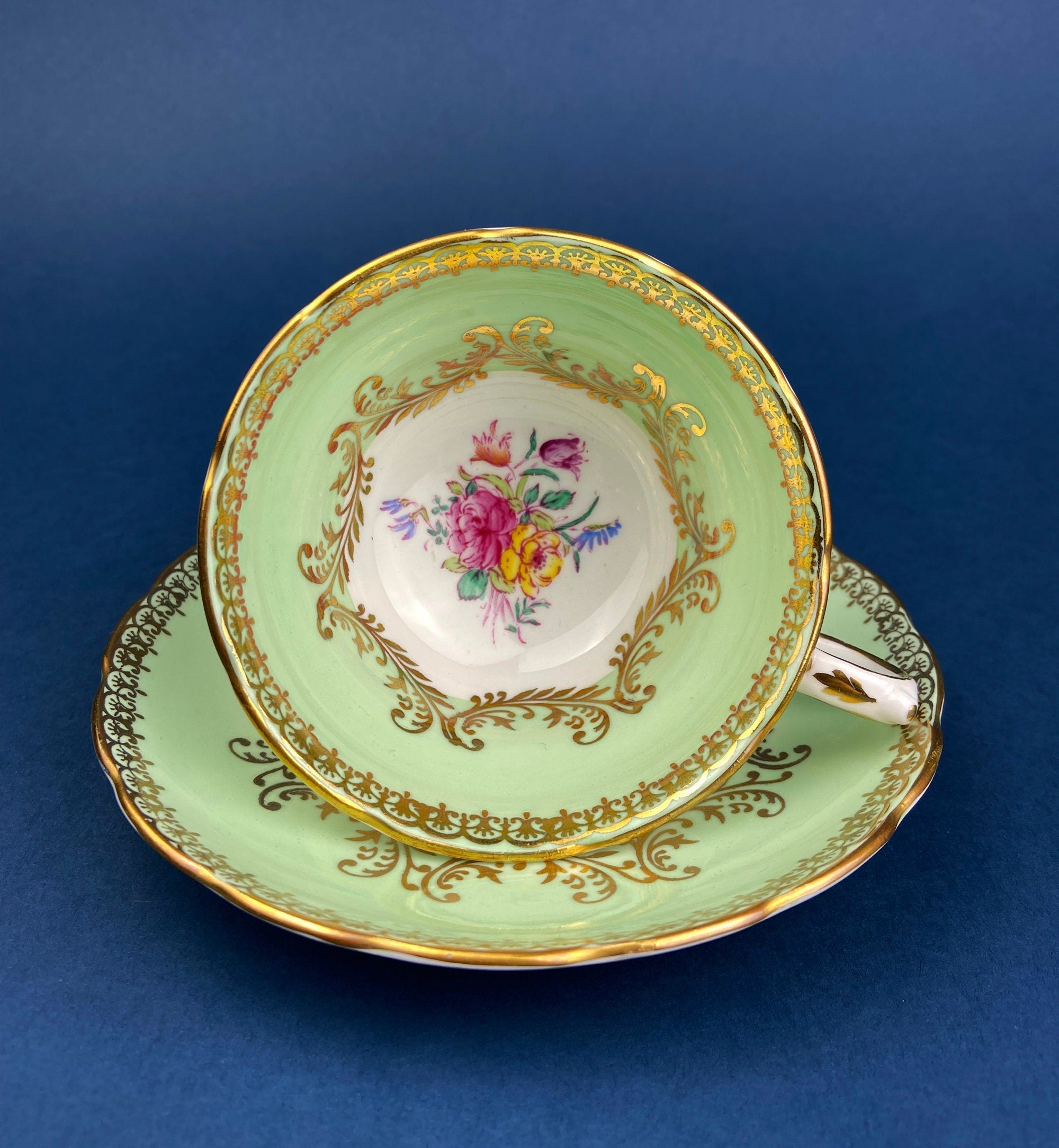 Vintage Grosvenor Fine Bone China Teacup and Saucer - Mint Green Floral