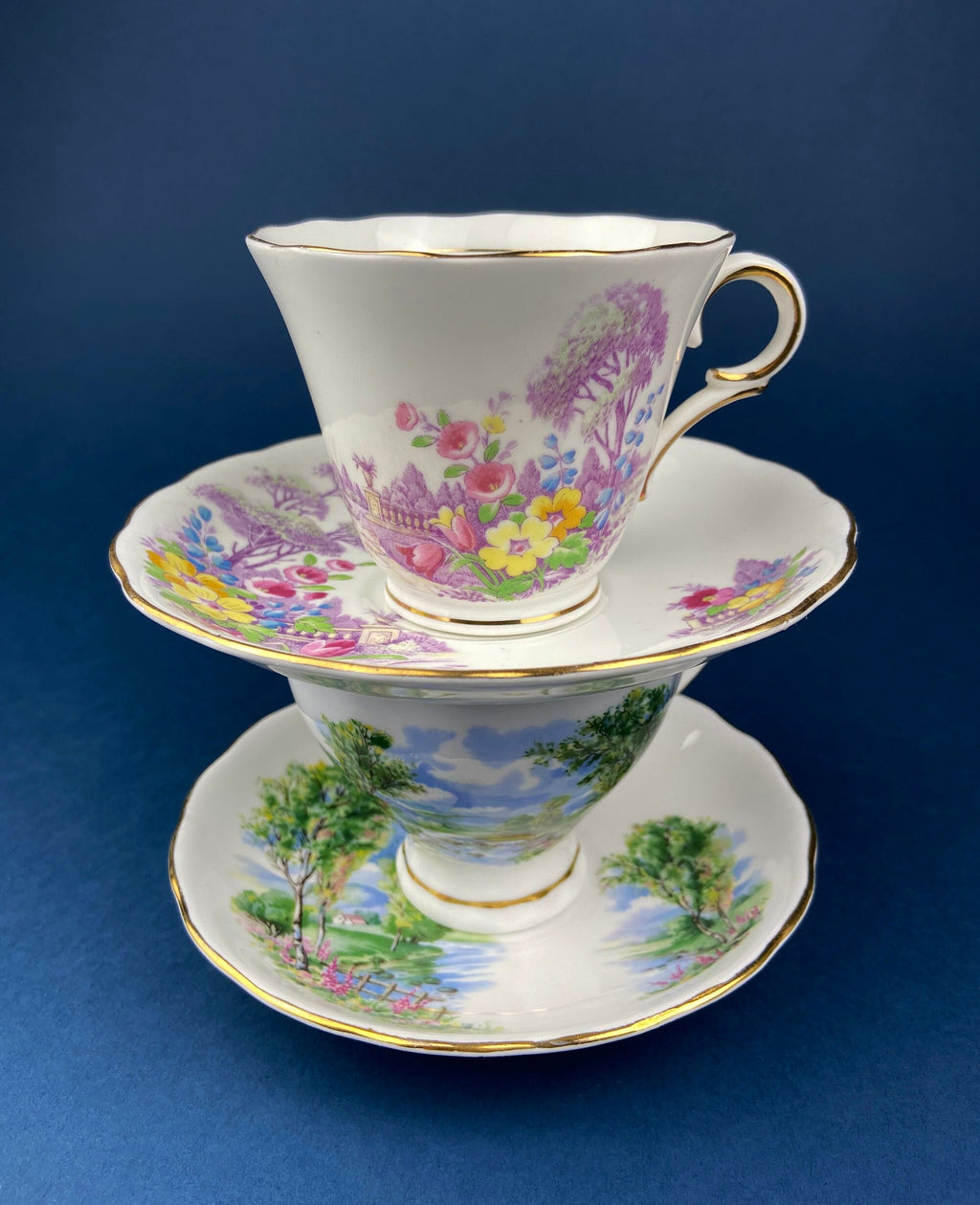Colclough Fine Bone China Tea Cup & Saucer – Hand-Painted Pastoral Scene, Made in England