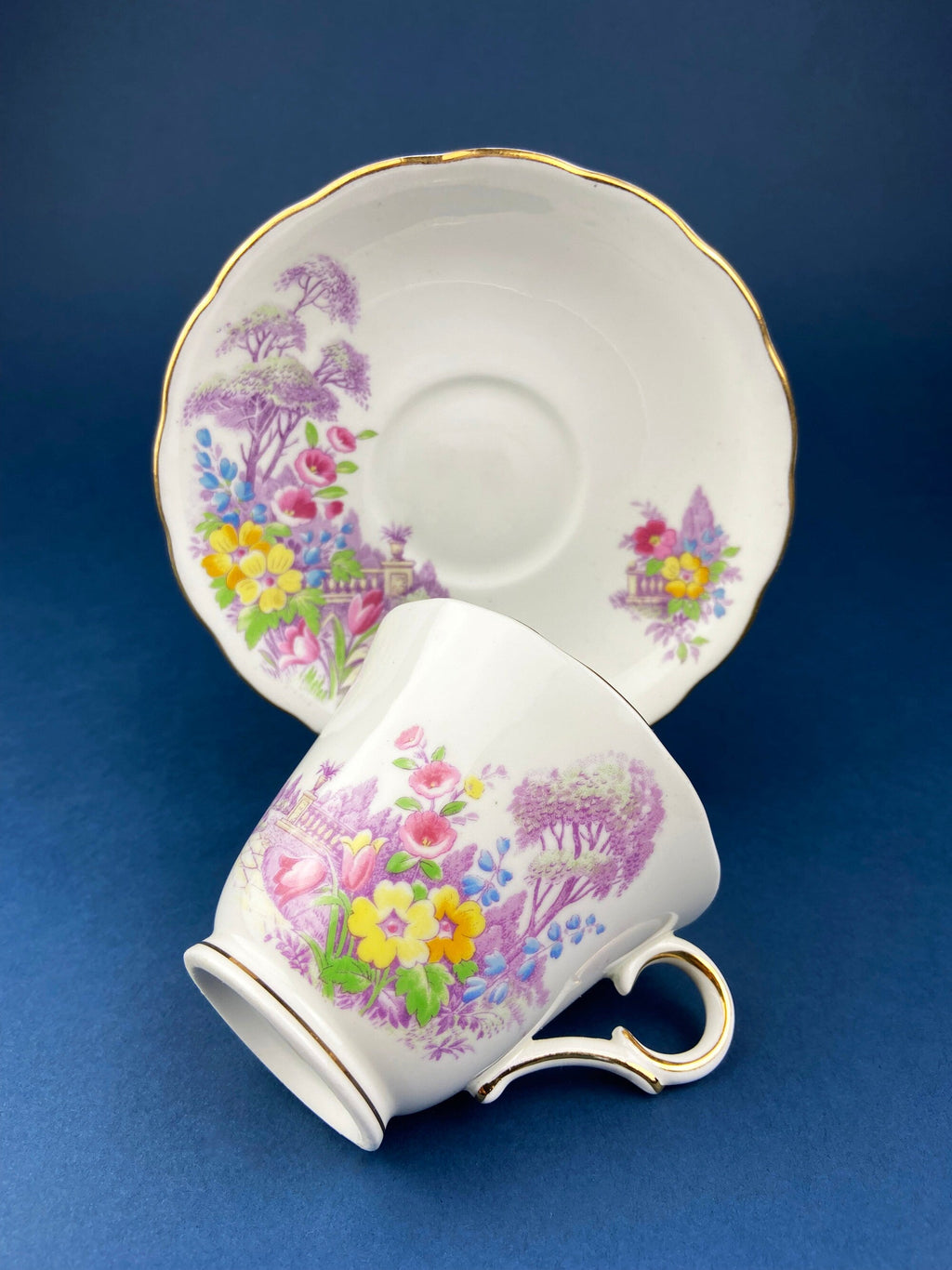 Colclough Fine Bone China Tea Cup & Saucer – Hand-Painted Pastoral Scene, Made in England