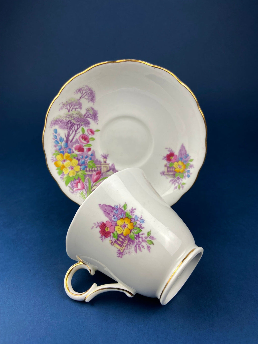 Colclough Fine Bone China Tea Cup & Saucer – Hand-Painted Pastoral Scene, Made in England