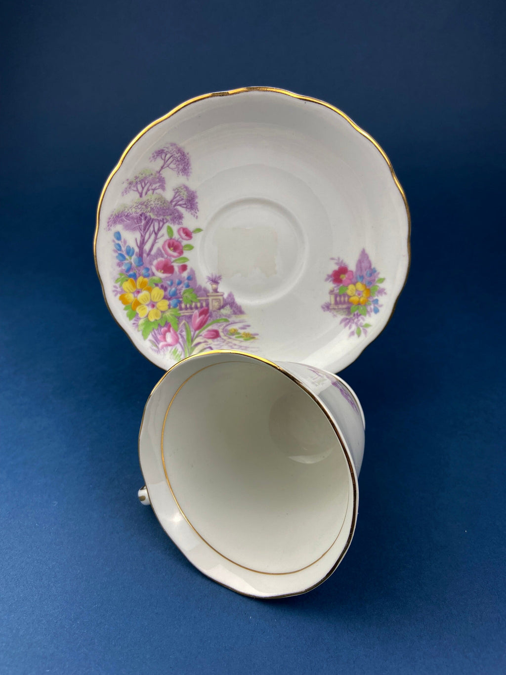 Colclough Fine Bone China Tea Cup & Saucer – Hand-Painted Pastoral Scene, Made in England