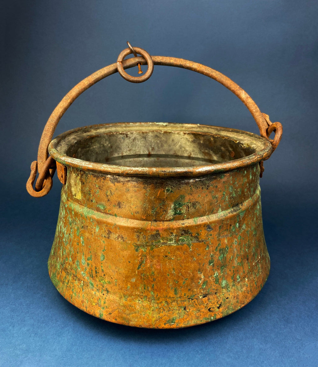 Antique Copper Cauldron with Brass Bottom & Ceramic Handles. Hand Hammered Scuttle for Firewood. Rustic Home Decor.