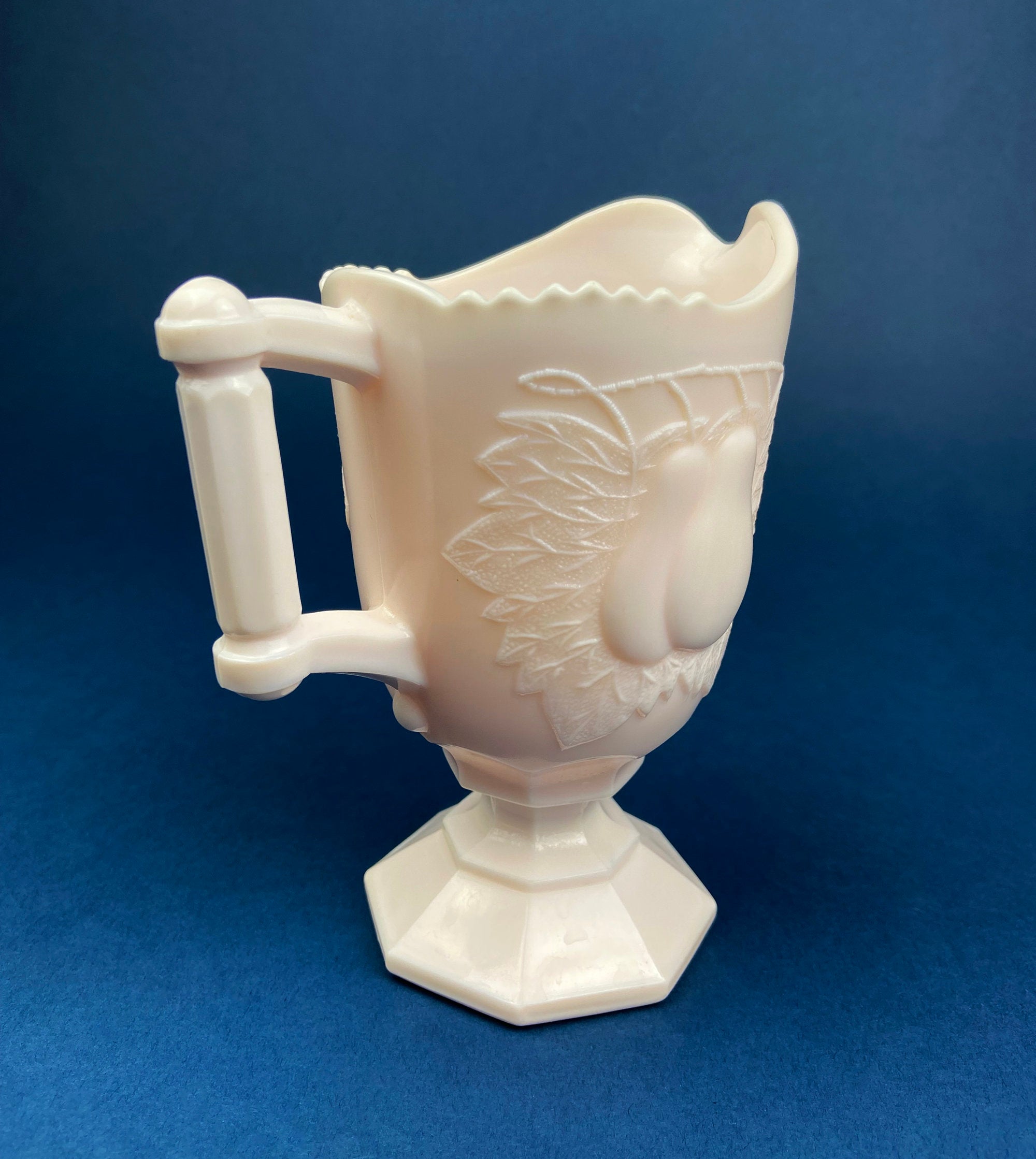 Pink Milk Glass Footed Creamer – Pear Motif