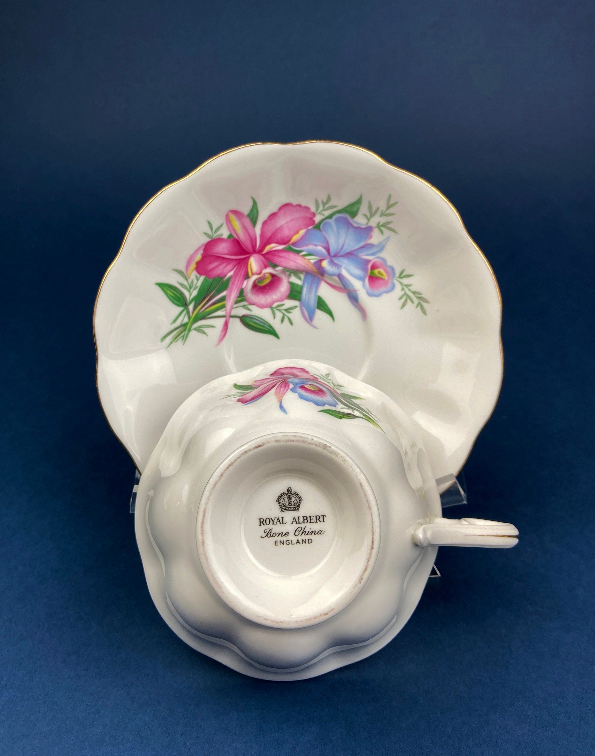 Vintage Royal Albert Orchid Tea Cup and Saucer, Fine Bone China