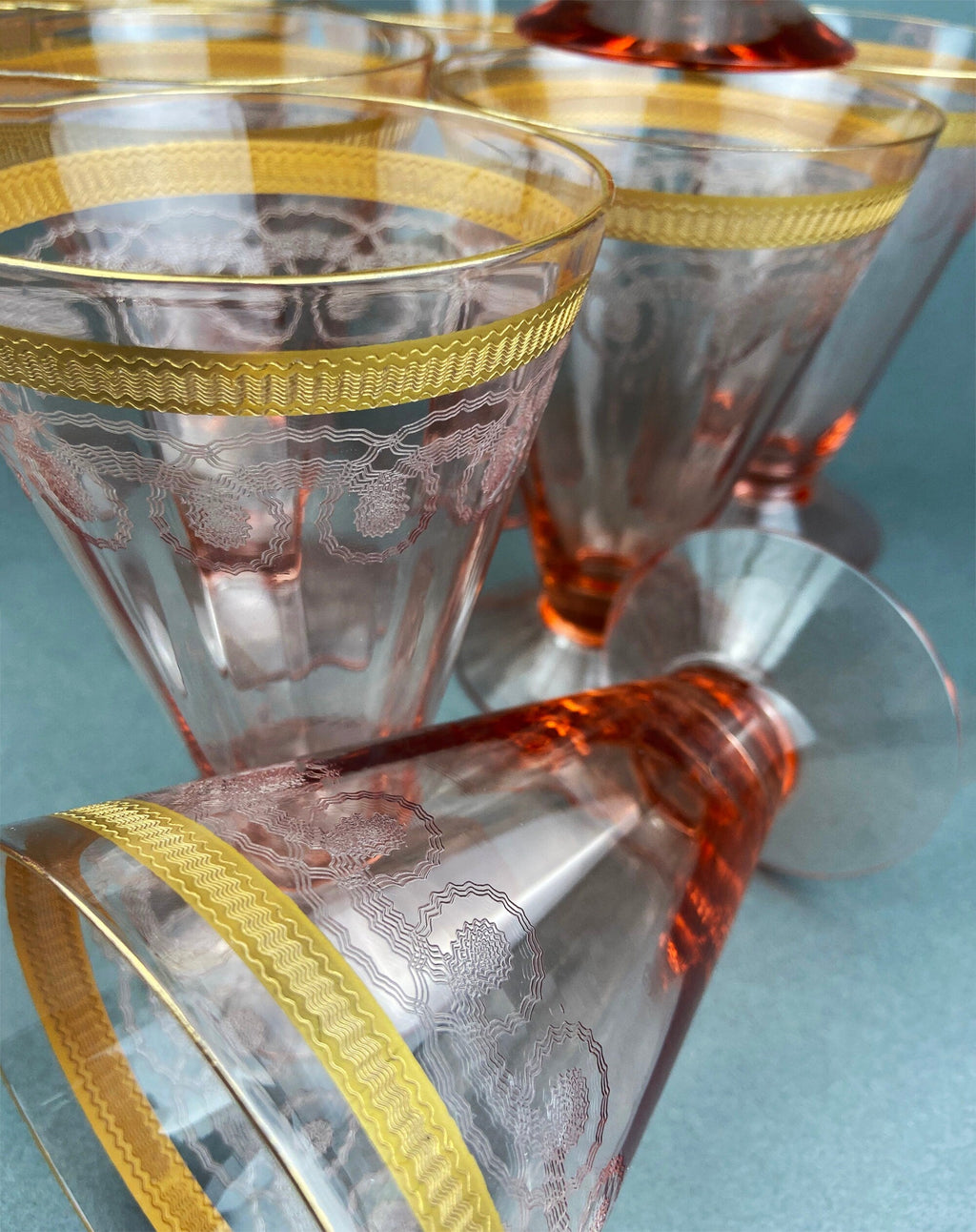 Antique Pink Crystal Goblets, Morgantown Necklace Gold Pattern, Set of 8