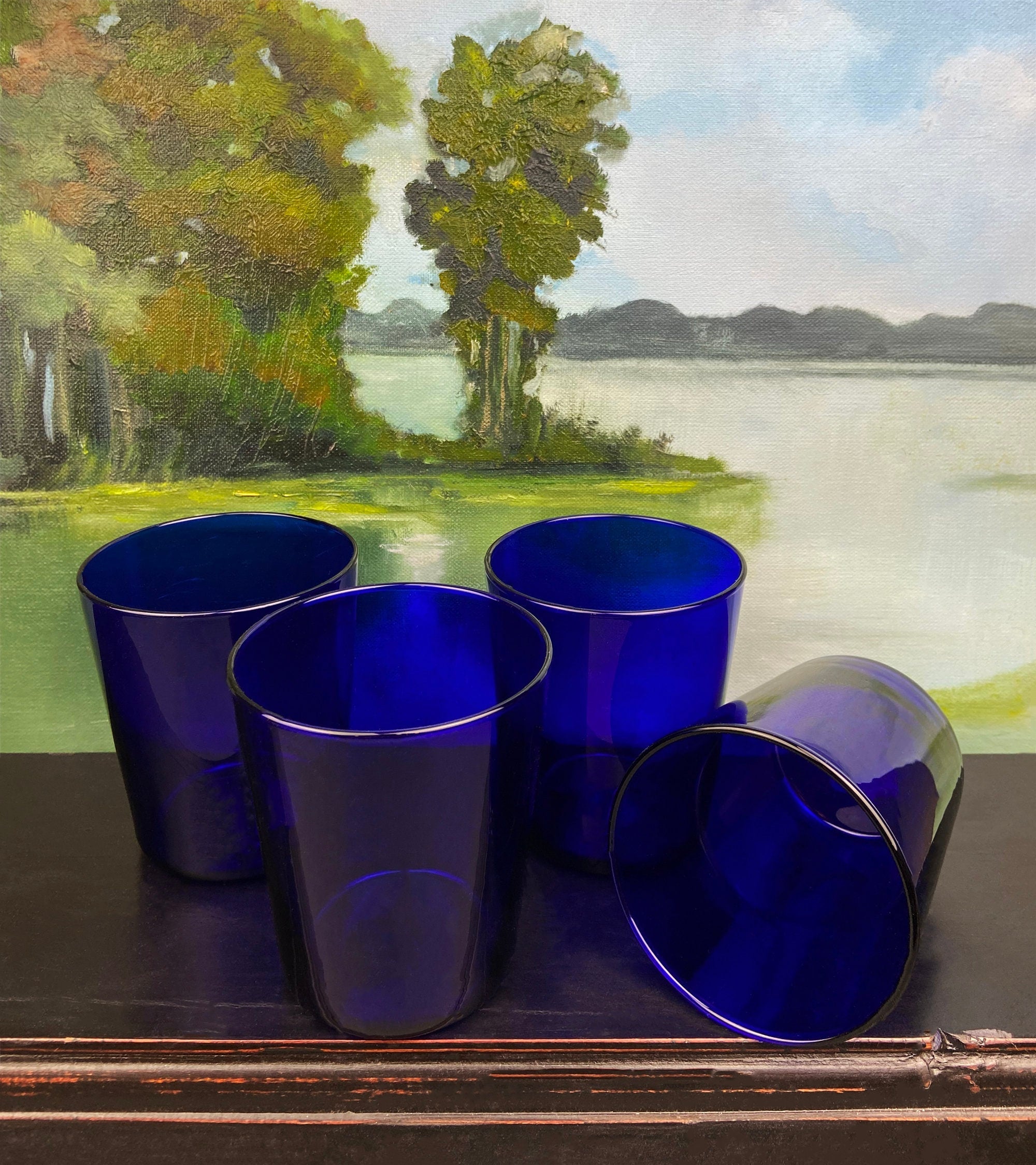 Cobalt Blue Glass Water Goblets, Set of 8