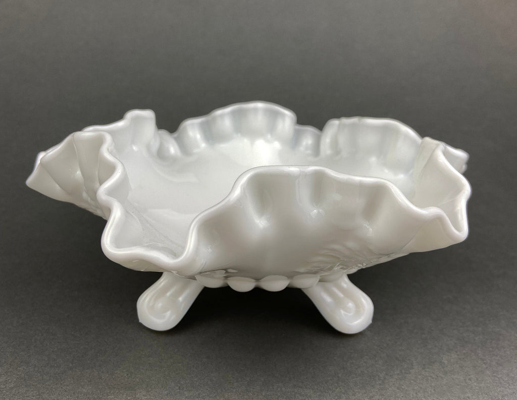 Vintage Milk Glass Footed Candy Bowl, Grape Motif, Ruffled Rim