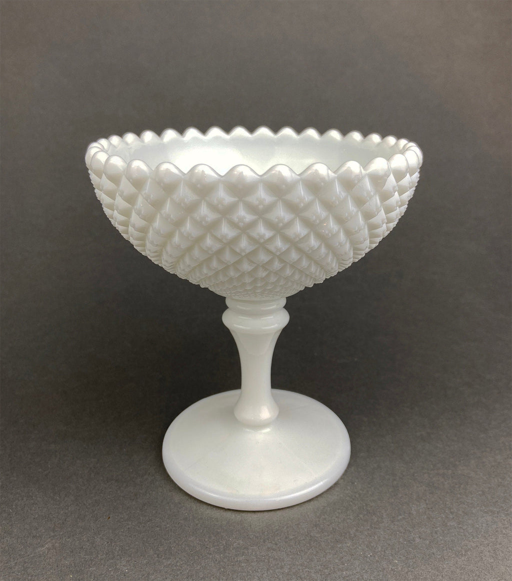 Vintage Milk Glass Compote or Footed Bowl. White Glass Candy Dish. Trinket Dish. Waffle Pattern with Scalloped Reticulated Edge.