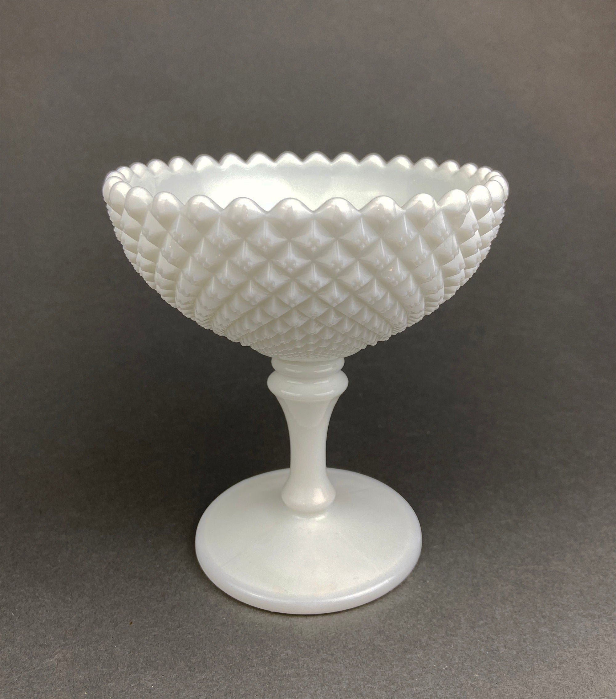Vintage Milk Glass Compote or Footed Bowl. White Glass Candy Dish. Trinket Dish. Waffle Pattern with Scalloped Reticulated Edge.