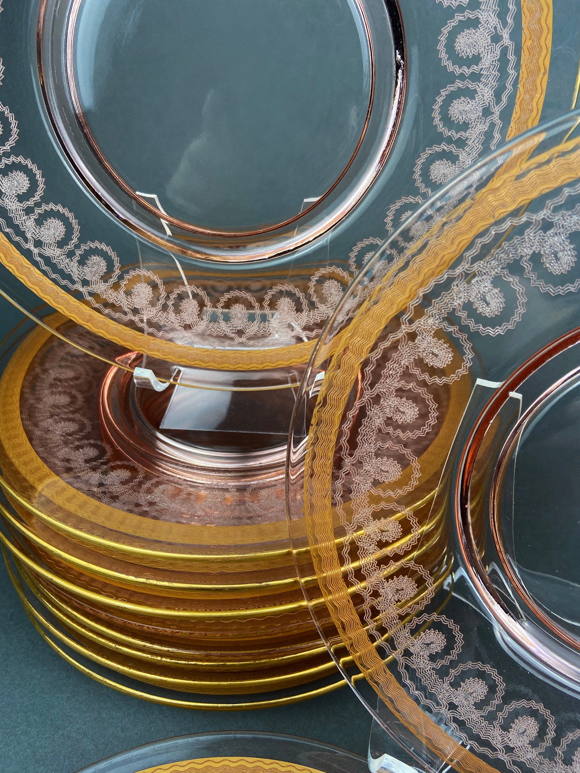 Antique Etched Pink Glass Dessert Plates with Gold Rims – Star & Waffle Pattern, Set of 5