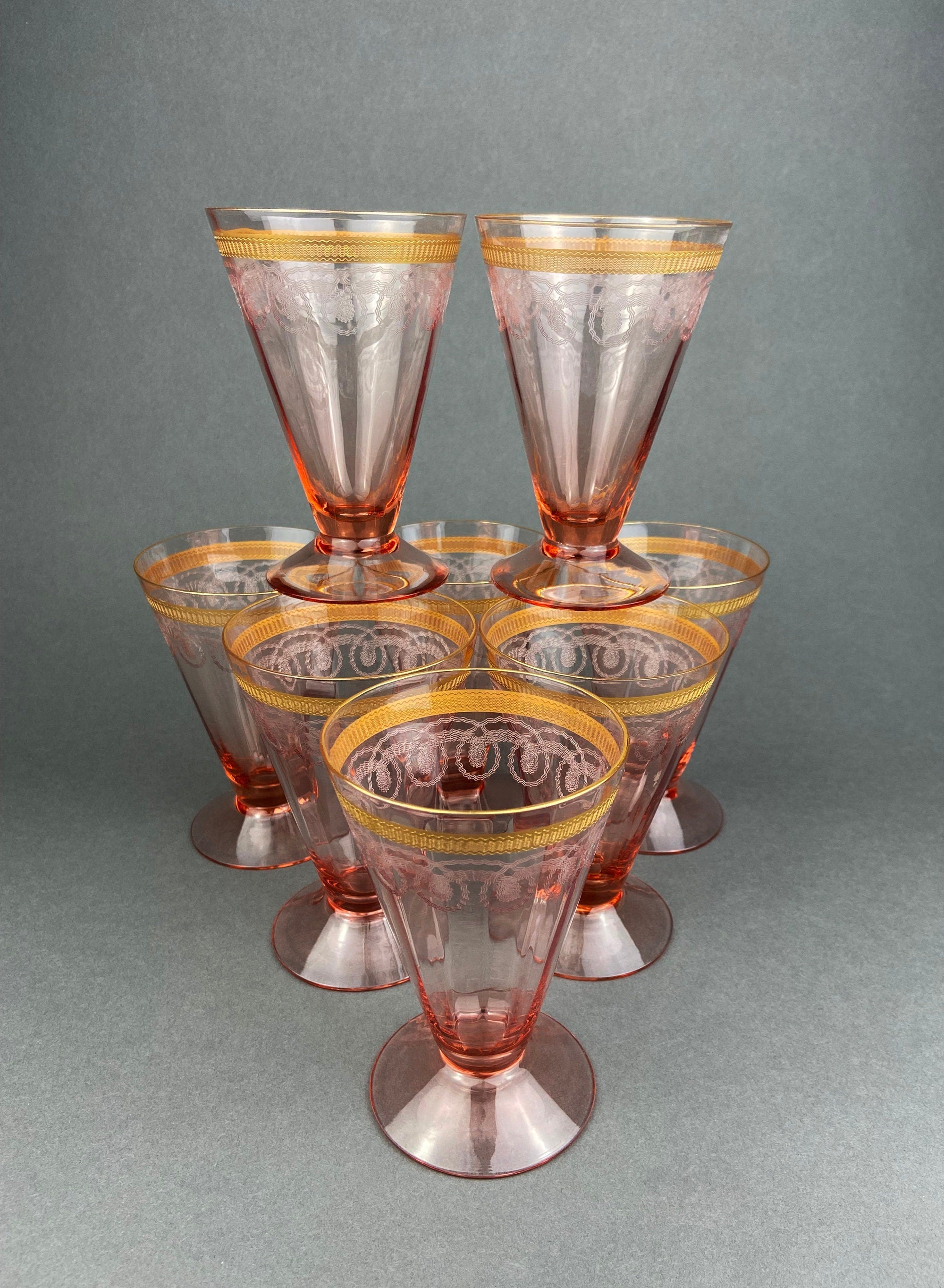 Antique Etched Pink Glass Dessert Plates with Gold Rims – Star & Waffle Pattern, Set of 5