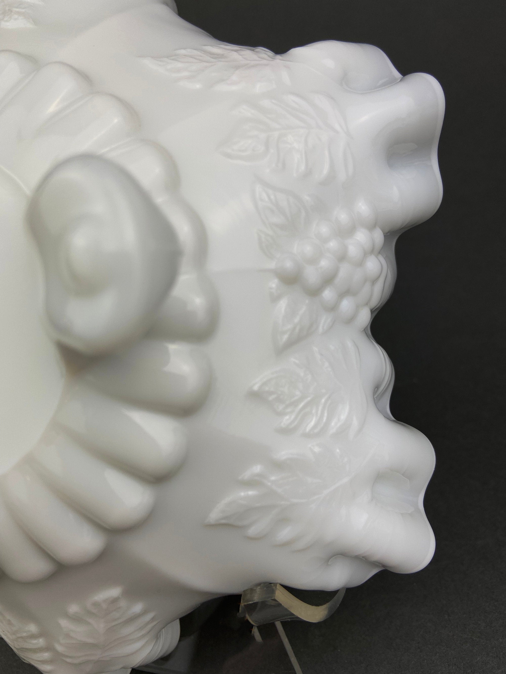 Vintage Milk Glass Footed Candy Bowl, Grape Motif, Ruffled Rim
