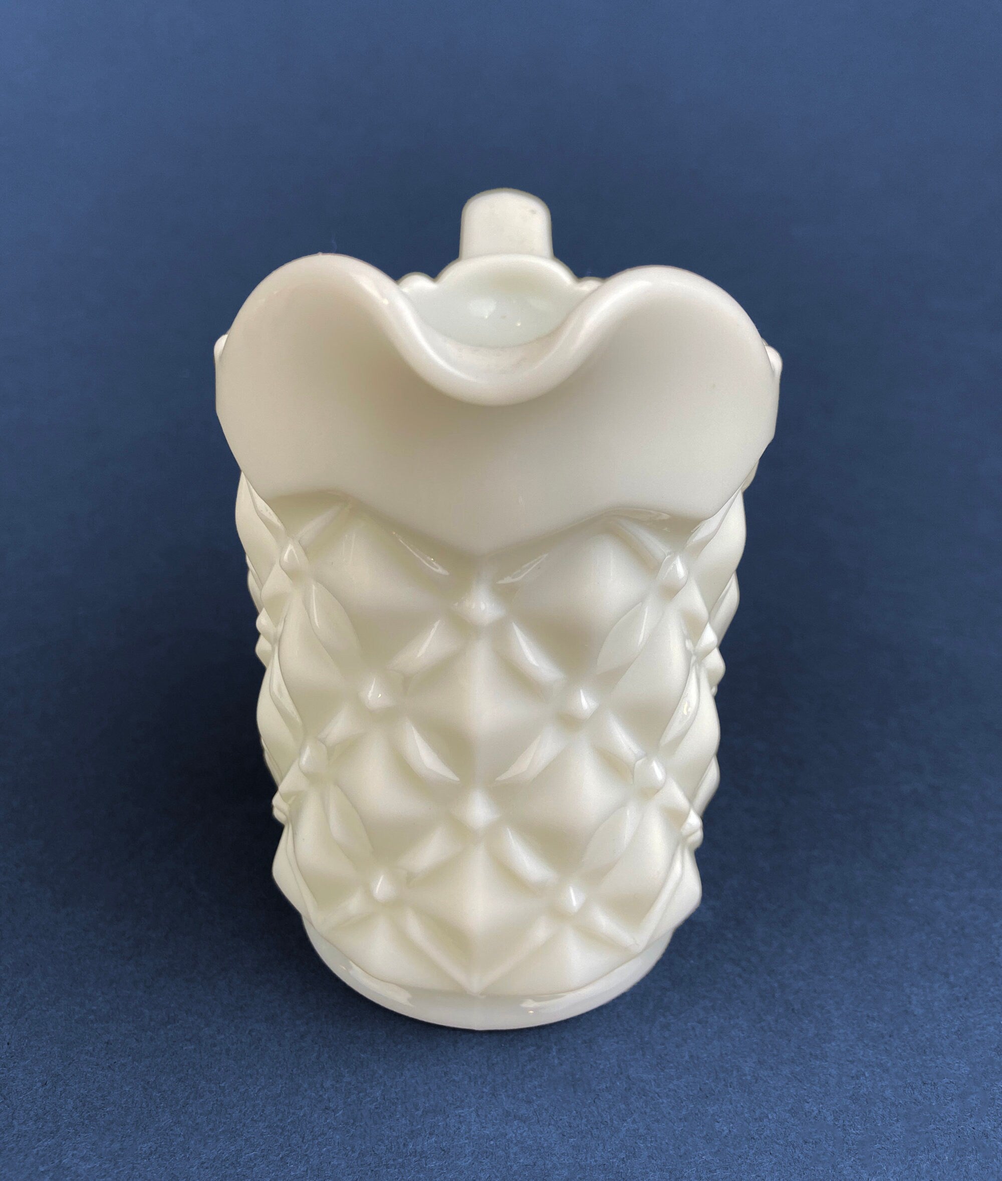 Vintage Milk Glass Creamer, Quilt Pattern Scalloped Edge