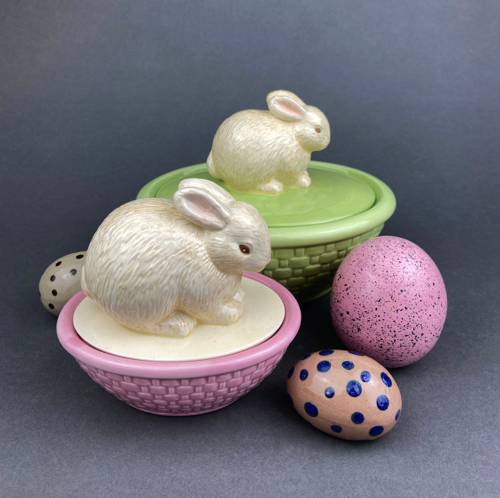 Cute Boy and Girl Bunnies Egg Cups. Rabbits with Blue and Pink Baskets. Set of Two Serving Dishes. Easter/Spring Celebration.