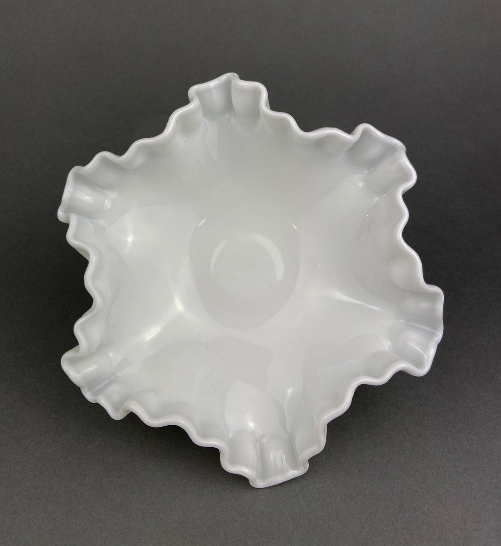 Vintage Milk Glass Footed Candy Bowl, Grape Motif, Ruffled Rim