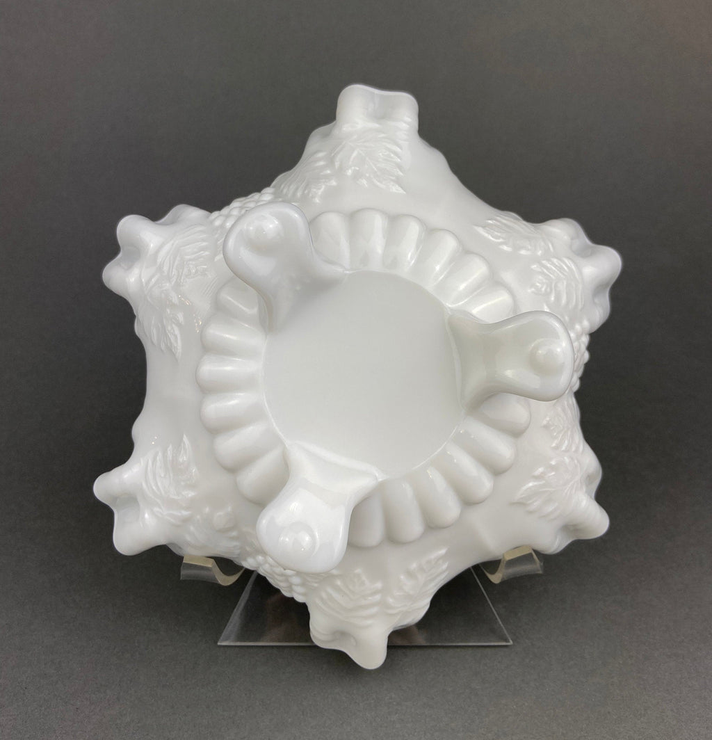 Vintage Milk Glass Footed Candy Bowl, Grape Motif, Ruffled Rim