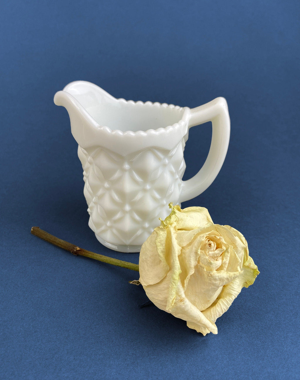 Milk Glass Creamer with 3D Leaf Motif & Scalloped Edge