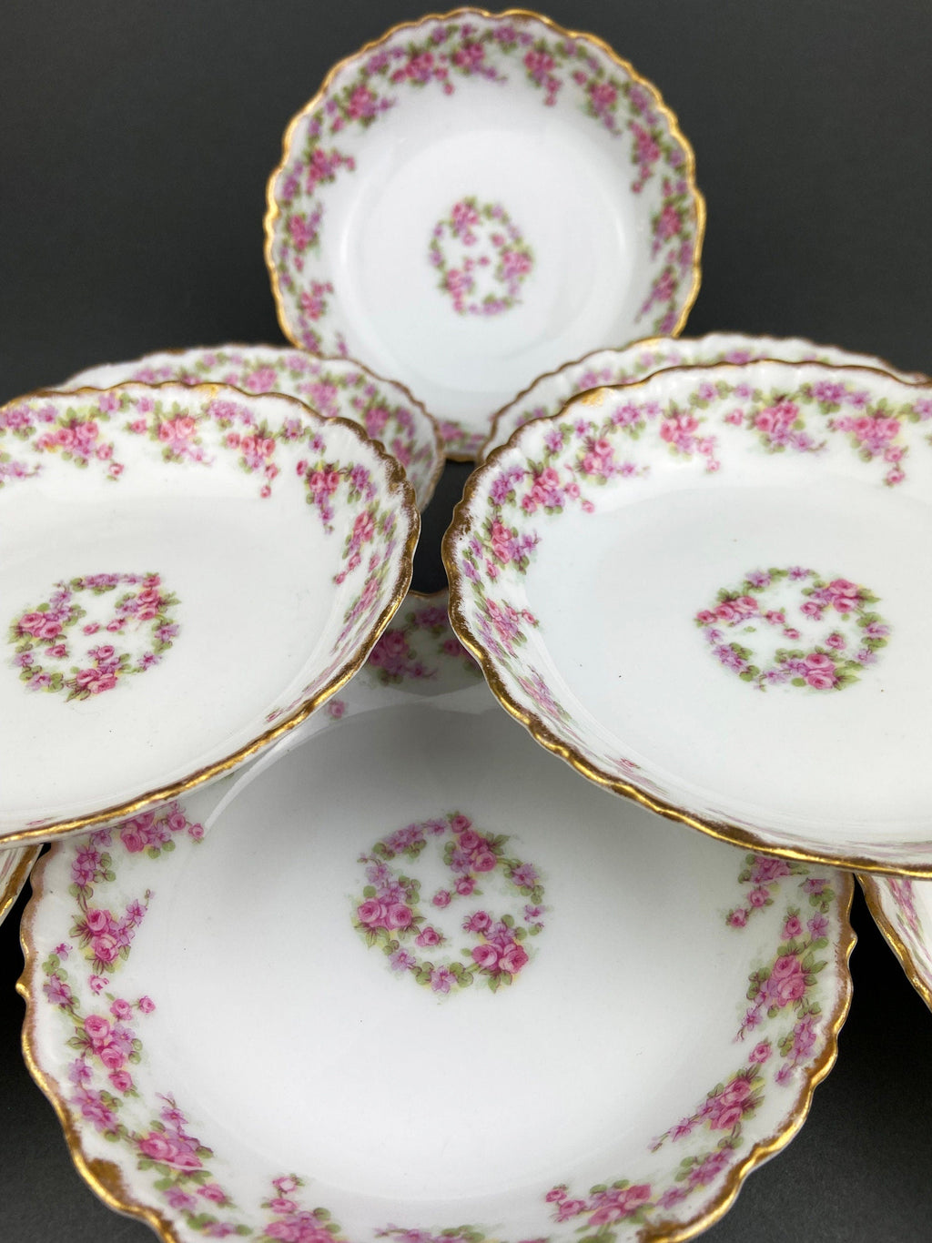 Limoges Elite Berry Bowls – Pink Roses & Scalloped Rim, Set of 8
