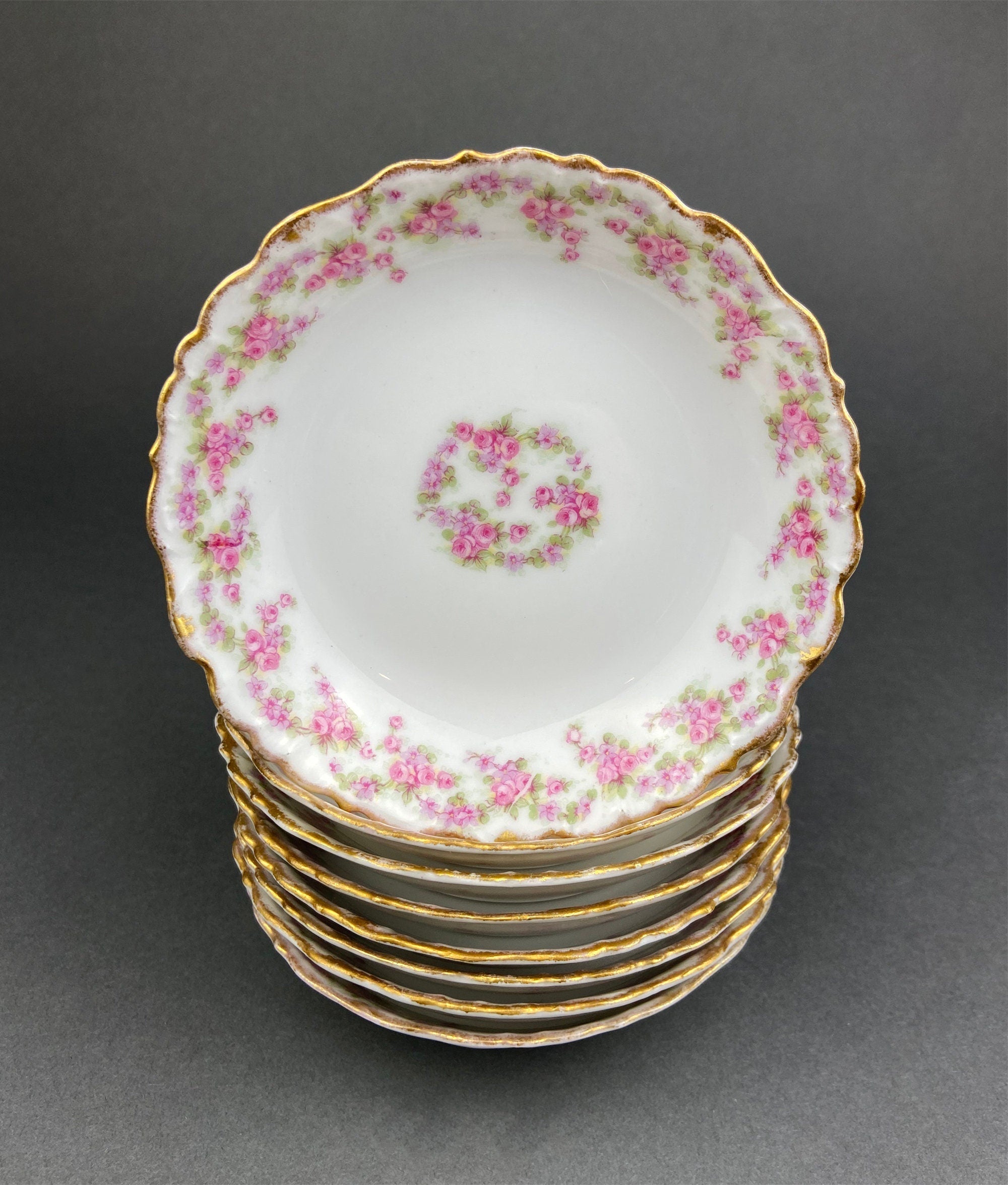 Limoges Elite Berry Bowls – Pink Roses & Scalloped Rim, Set of 8