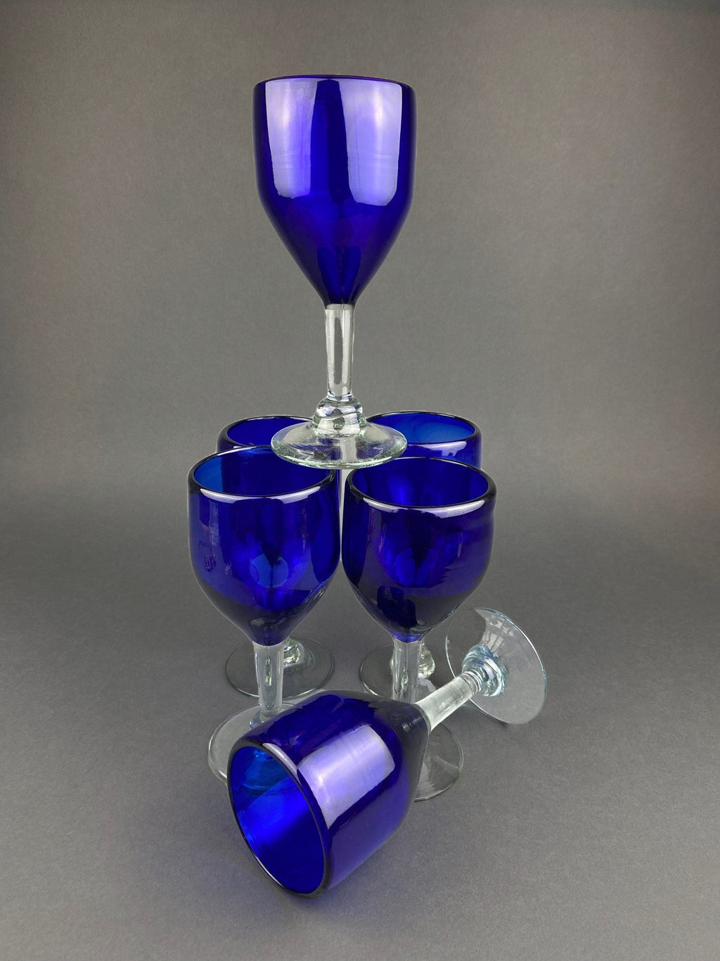 Cobalt Blue Hand-Blown Stemmed Glasses – Set of 6