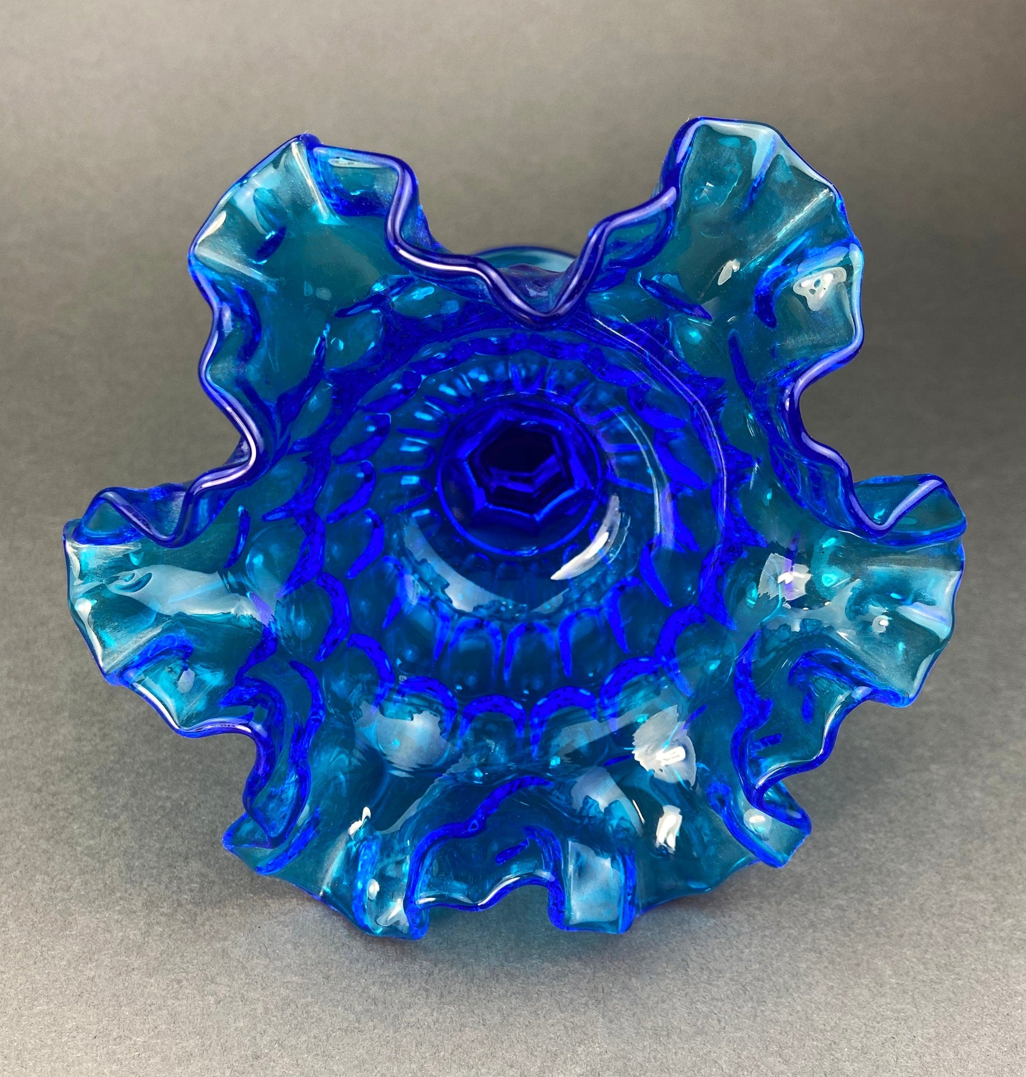 Vintage Blue Glass Footed Serving Bowl – Thumbprint & Ruffled Edge