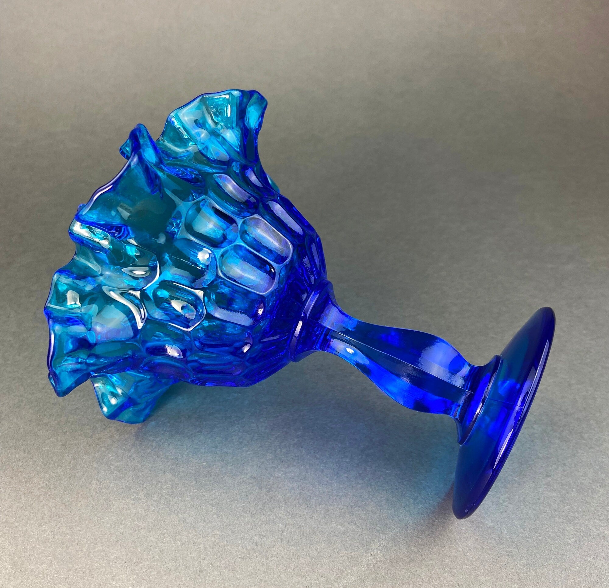 Vintage Blue Glass Footed Serving Bowl – Thumbprint & Ruffled Edge