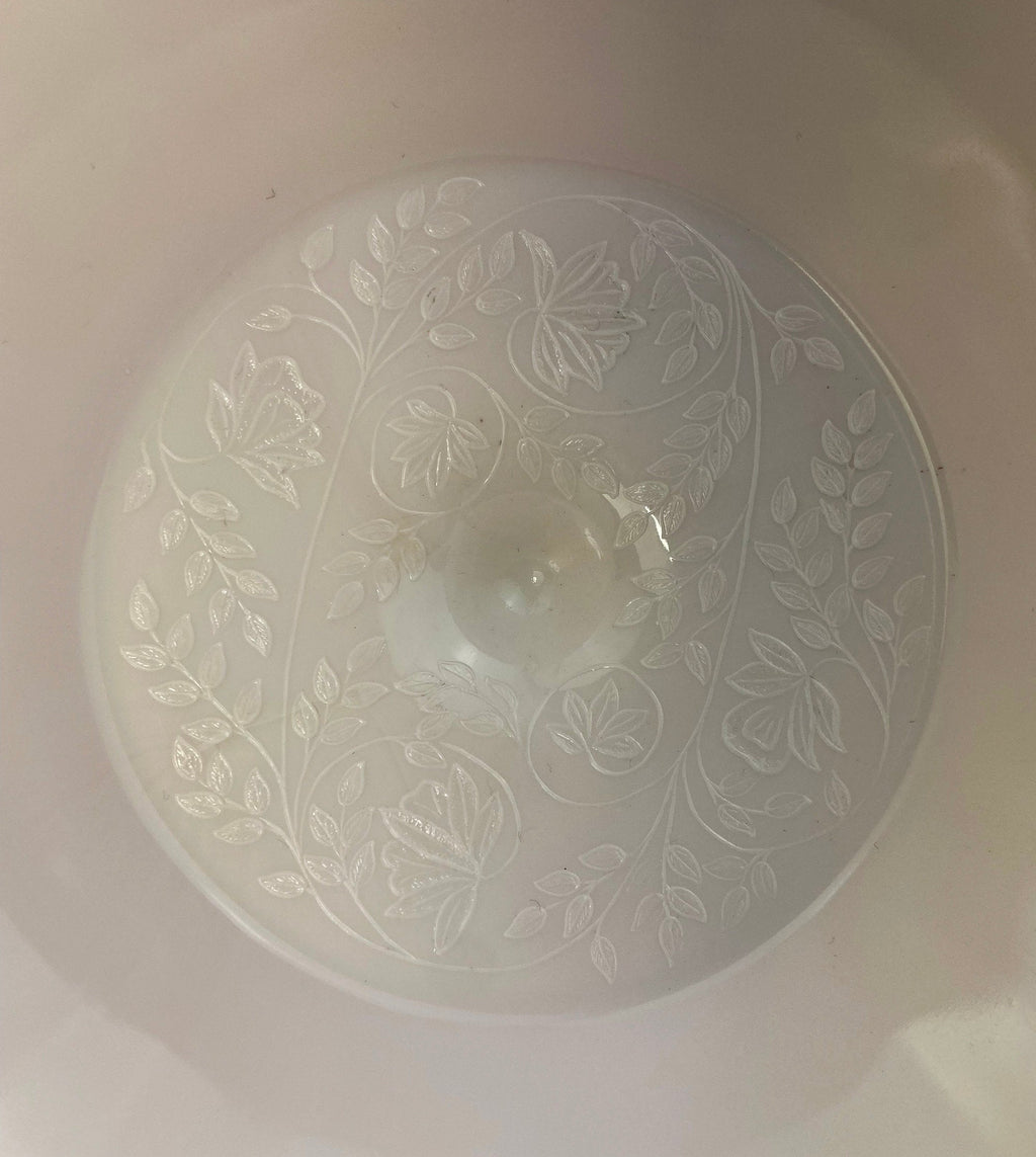 Shell Pink Milk Glass Footed Fruit Bowl – Quilt & Floral Pattern