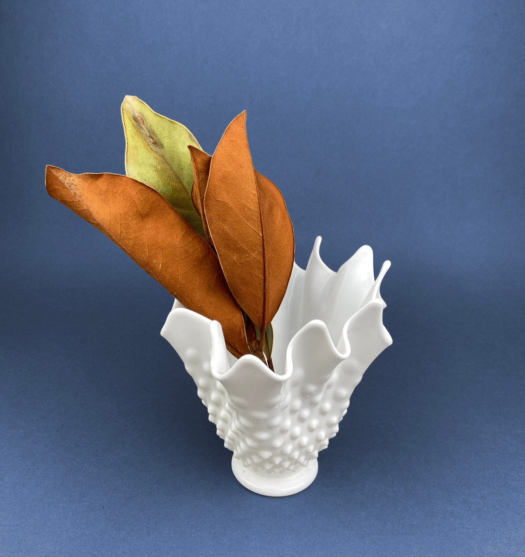 Vintage Milk Glass Splash Vase. Hobnail Vase  with Pinched Edge for Growing Ivy.  Wedding or Home Decor.