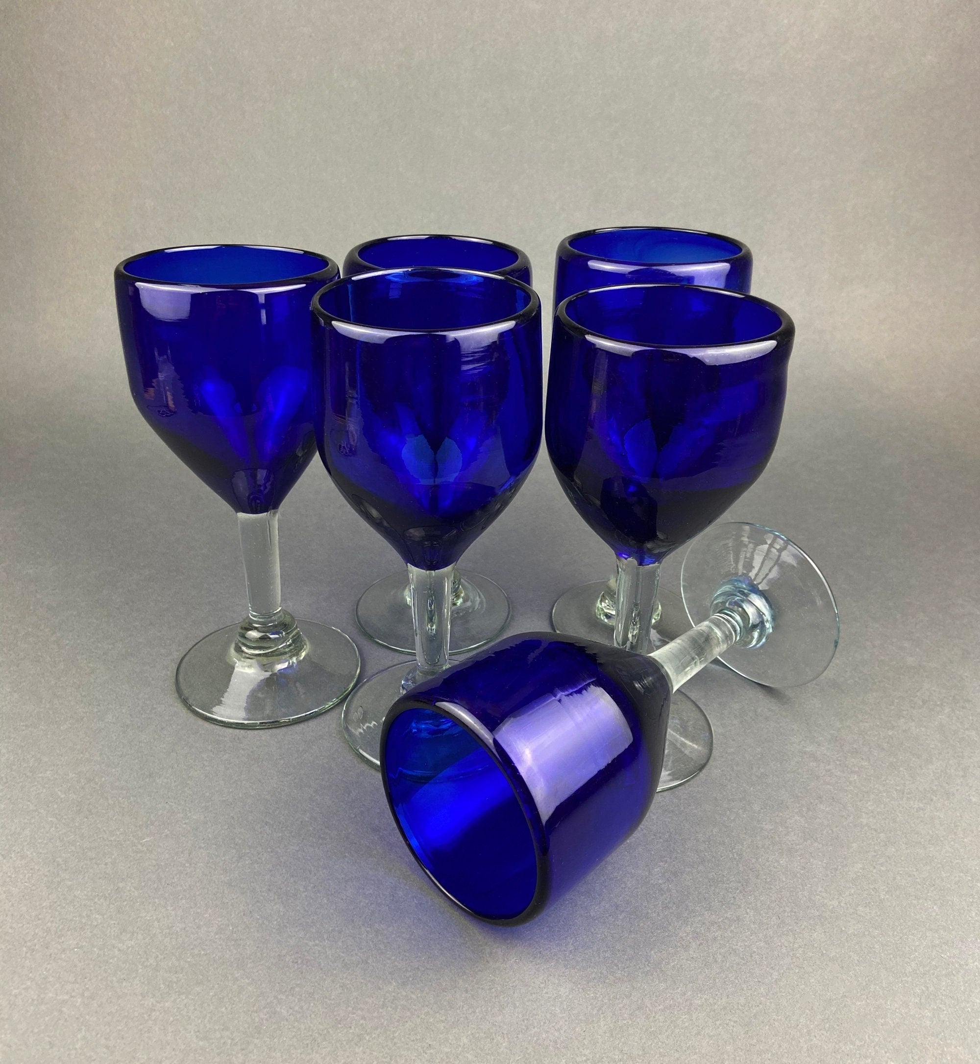 Cobalt Blue Hand-Blown Stemmed Glasses – Set of 6