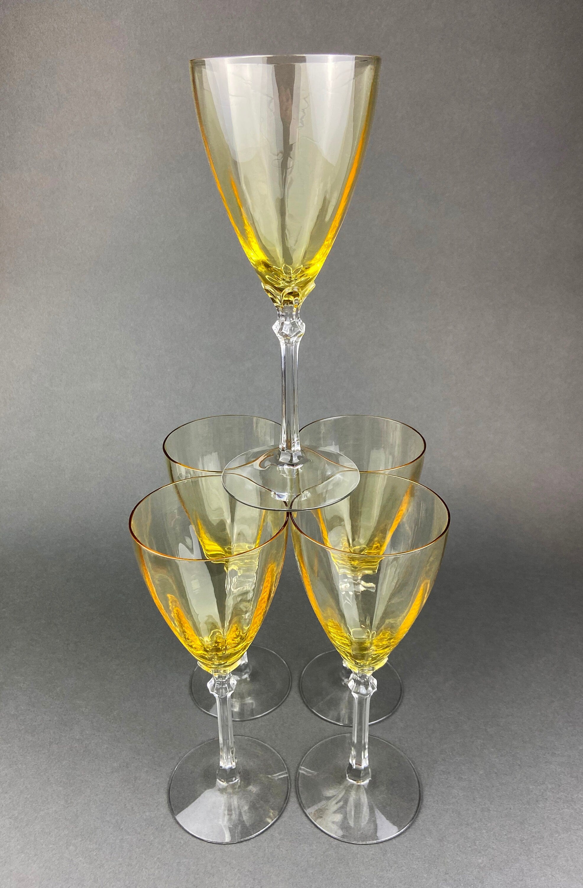 Vintage Fostoria Crystal Topaz Wine Glasses. Light Yellow Stem 5098 Glasses. Set of Five. Fine Table Glassware. Gold Table Decor.