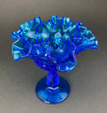 Vintage Blue Glass Footed Serving Bowl – Thumbprint & Ruffled Edge
