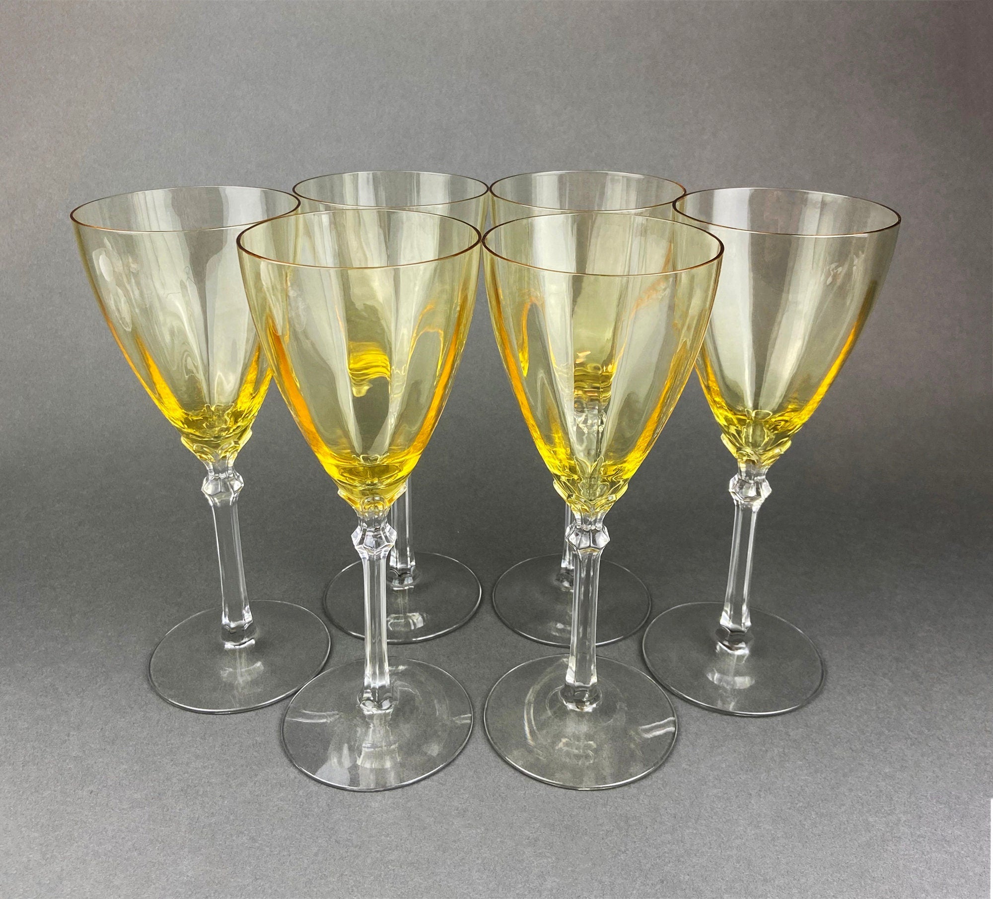 Vintage Fostoria Crystal Topaz Wine Glasses. Light Yellow Stem 5098 Glasses. Set of Five. Fine Table Glassware. Gold Table Decor.