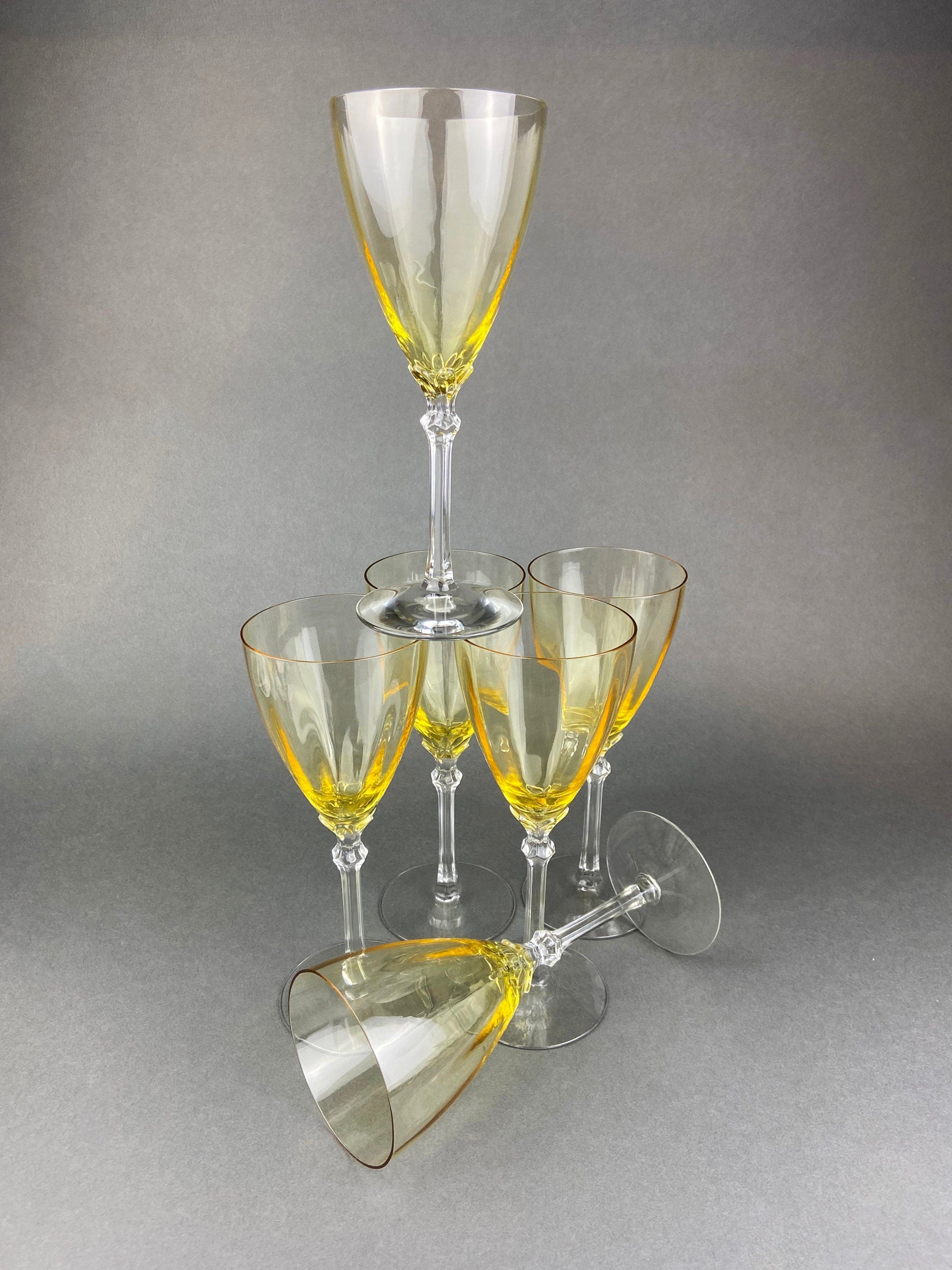 Vintage Fostoria Crystal Topaz Wine Glasses. Light Yellow Stem 5098 Glasses. Set of Five. Fine Table Glassware. Gold Table Decor.