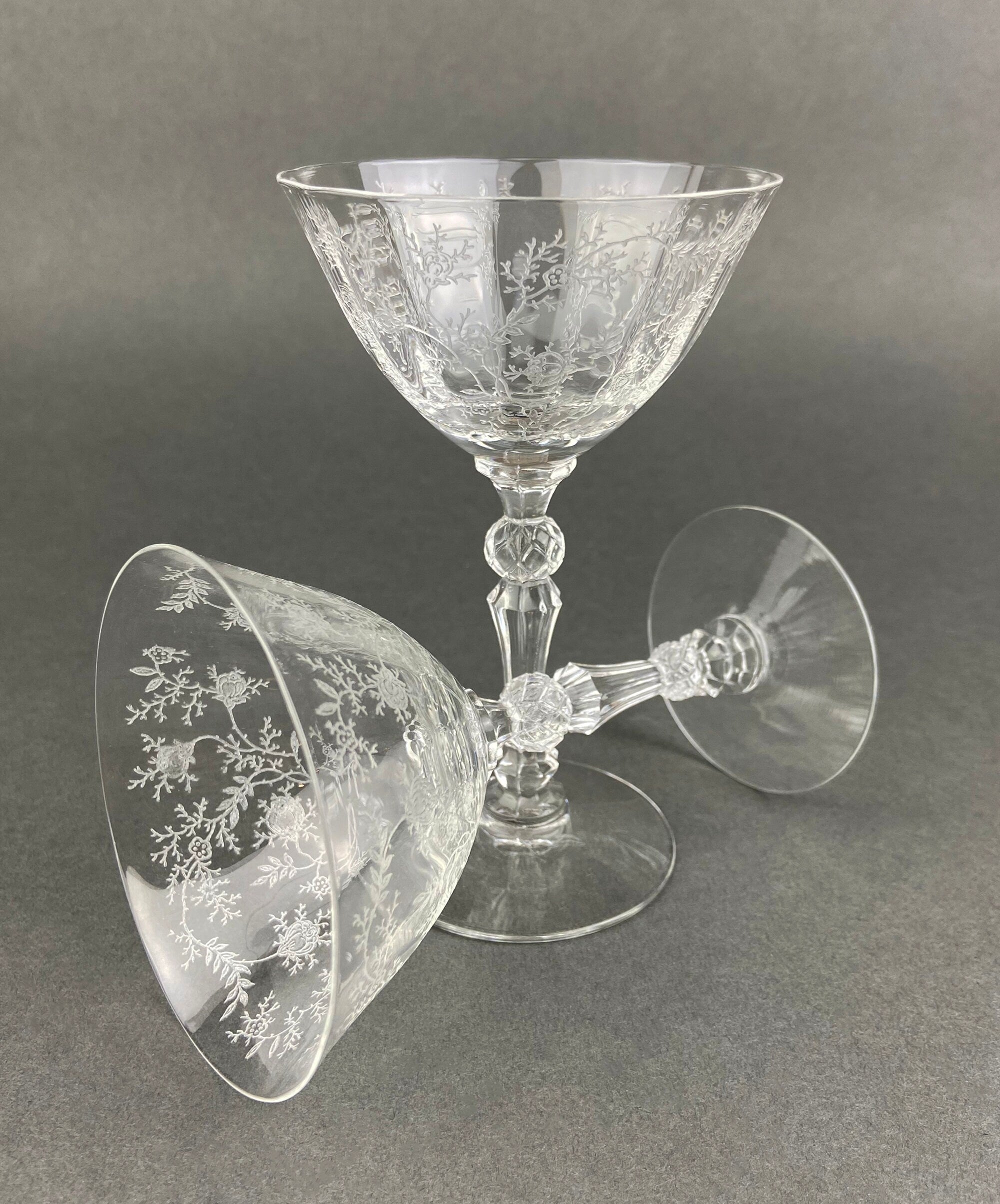Vintage Fostoria Claret Wine Glasses. Set of Two Chintz Motif Stemware. Fine Dining.