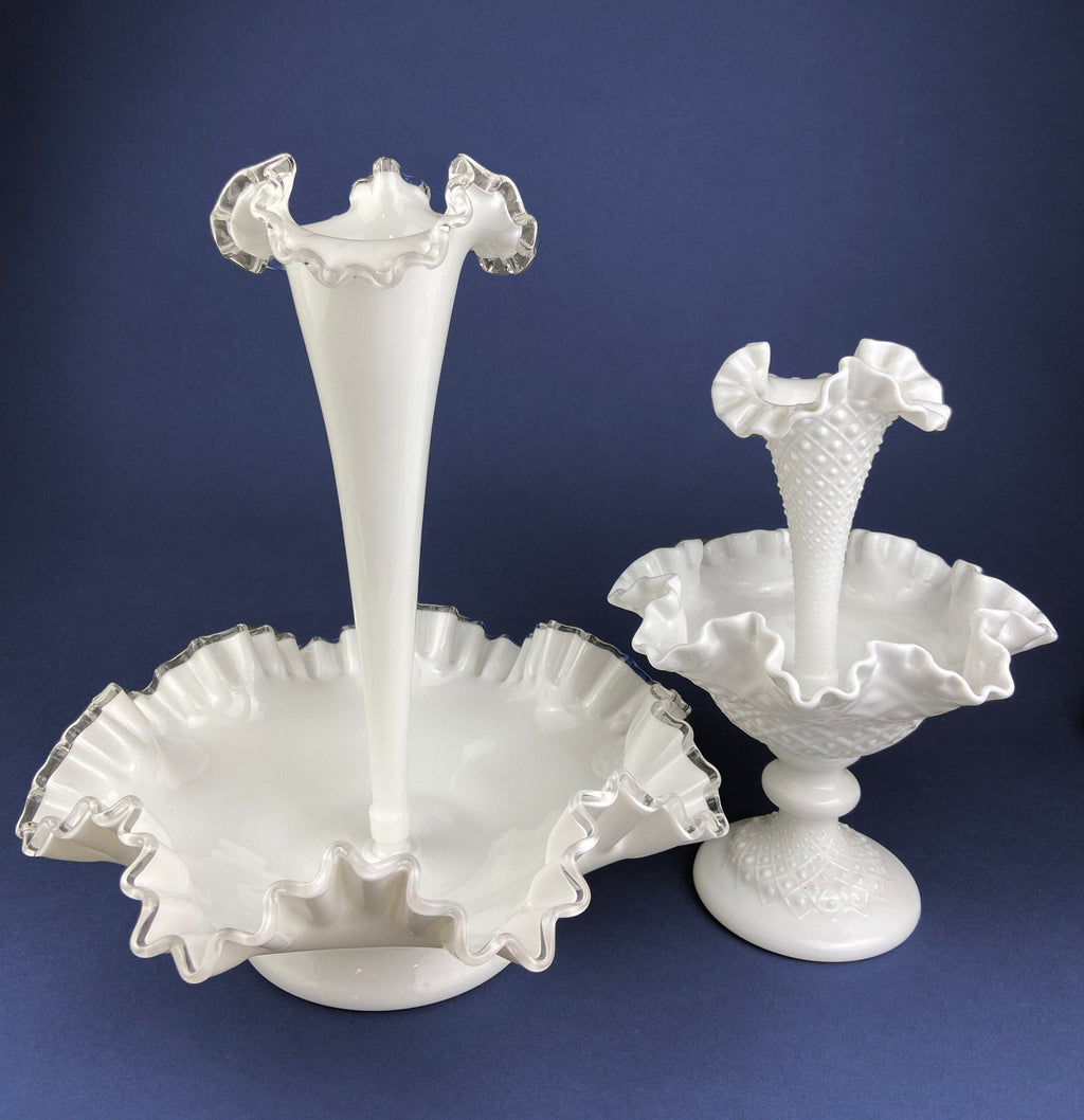 Silvercrest White Glass Fruit Bowl with Ruffled Clear Brim