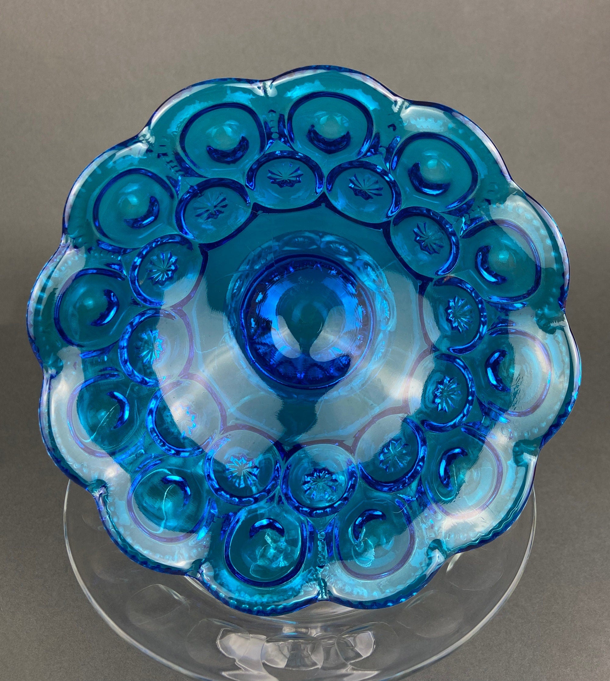 Vintage Blue Glass Footed Serving Bowl. 1960's Kings Crown Thumb Print Glass Jar with Ruffled Edge. Collectible Blue Glass Dish.