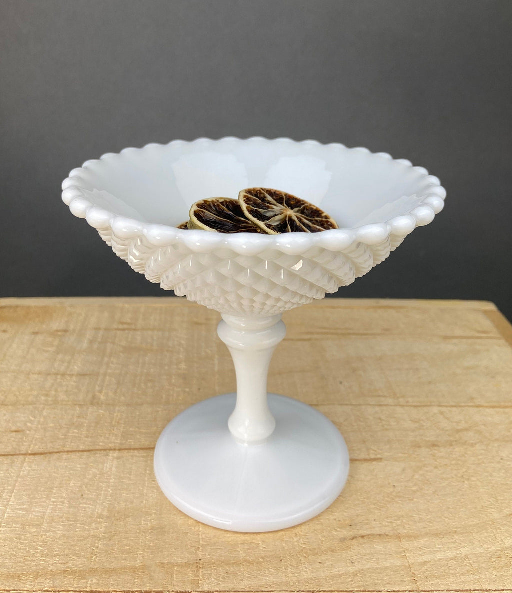 Milk Glass Hobnail Serving Bowl with Plate – Scalloped Rim