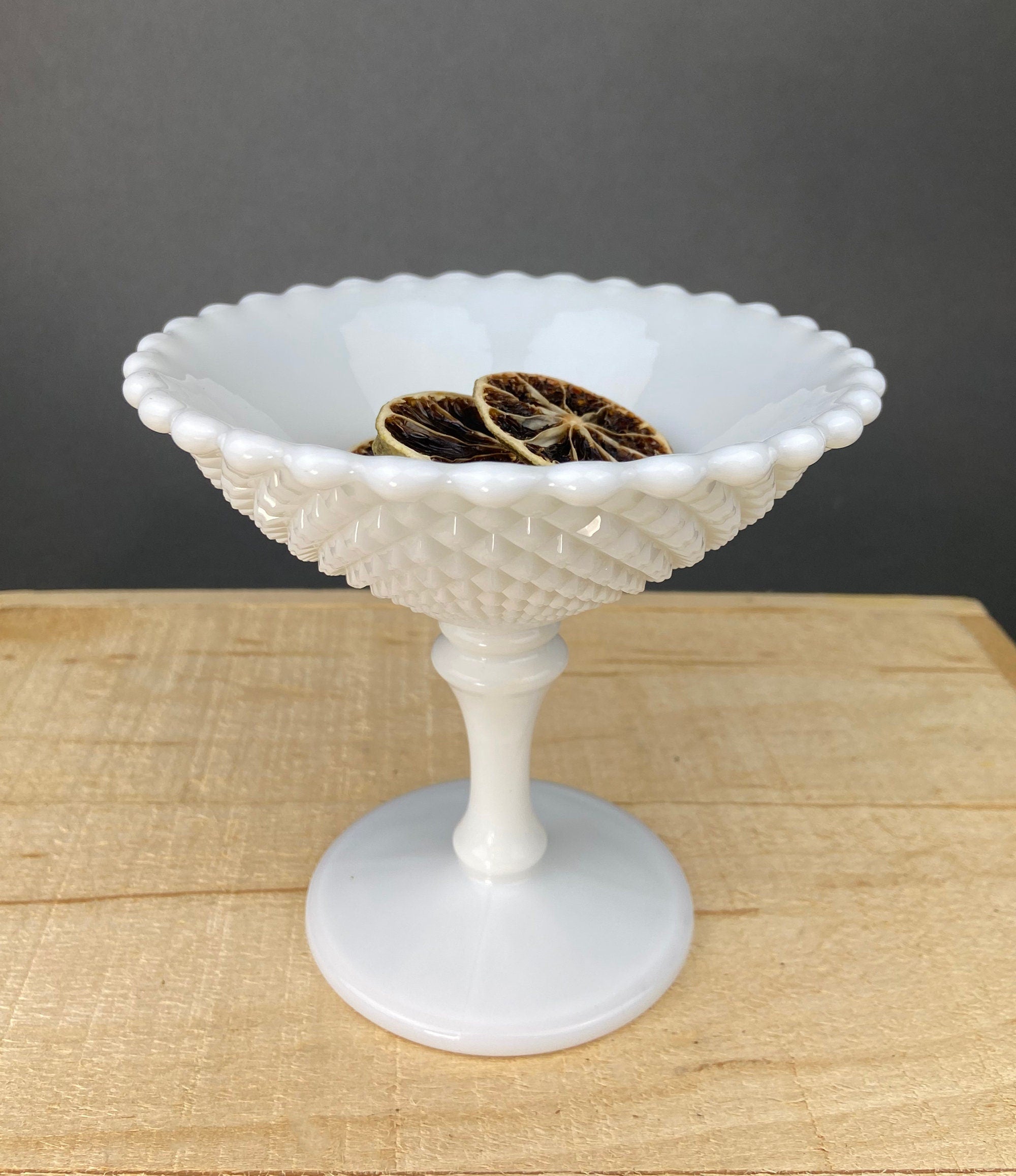 Milk Glass Hobnail Serving Bowl with Plate – Scalloped Rim