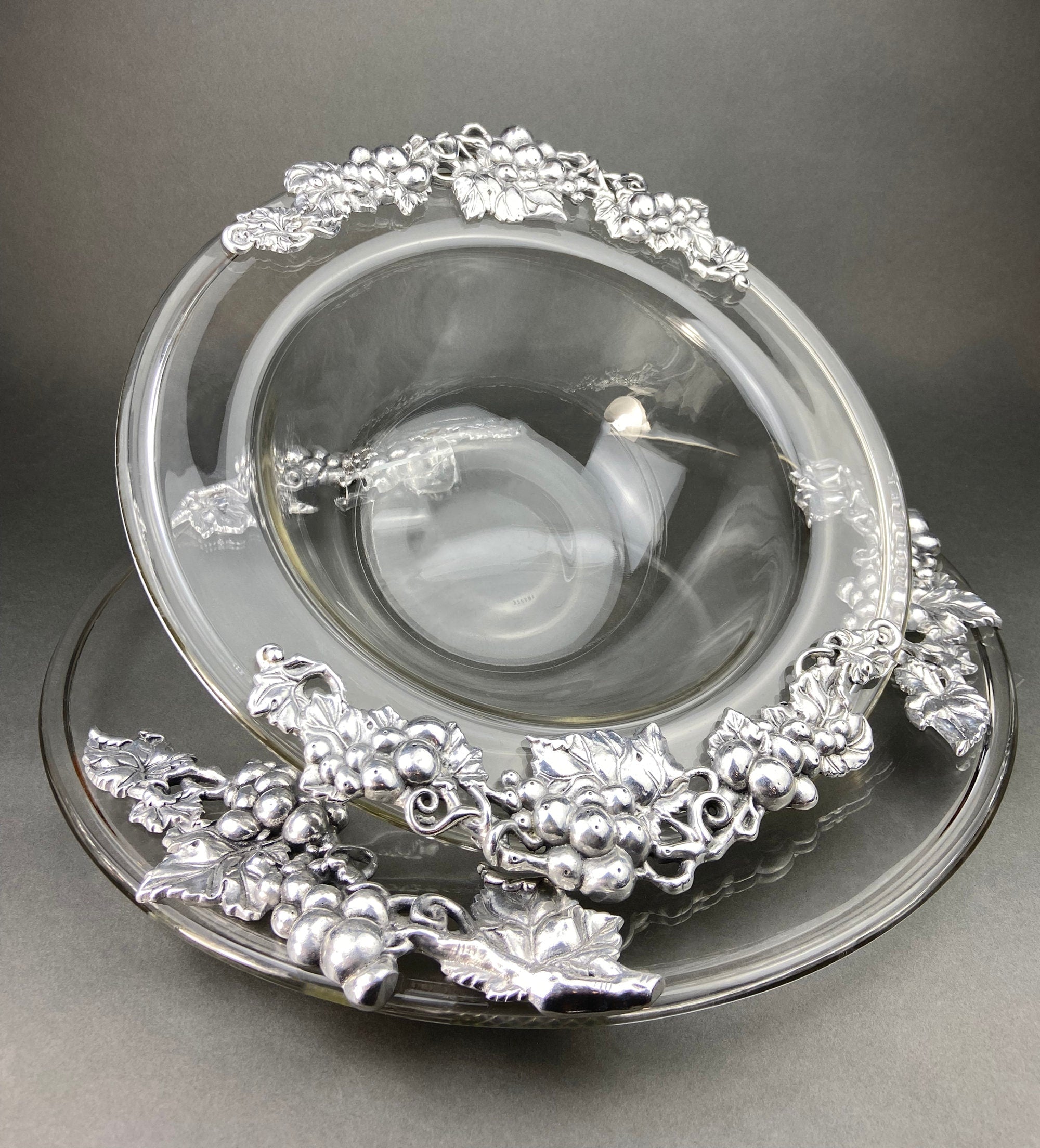 Vintage Extra Large Glass Serving Bowl and Platter with Aluminum Decor. Bowl and Platter Made in France.