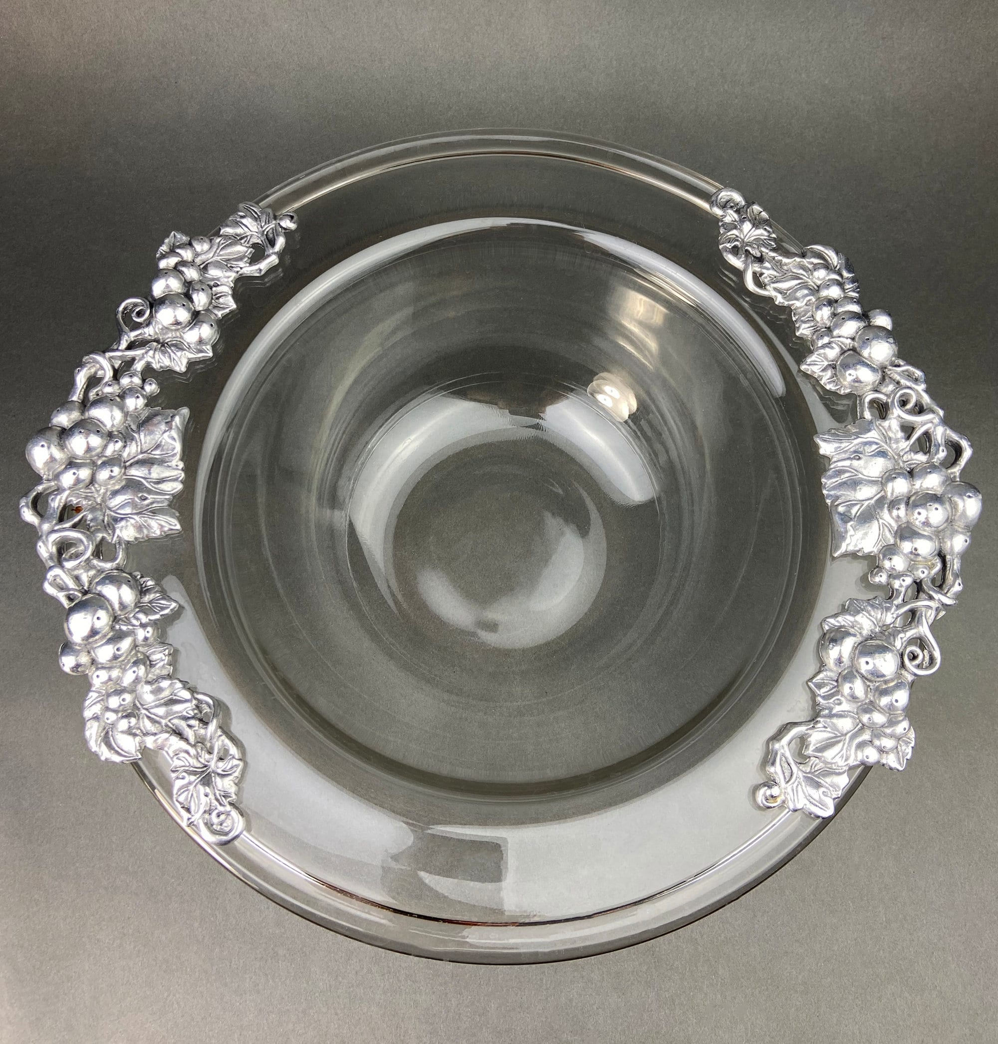 Vintage Extra Large Glass Serving Bowl and Platter with Aluminum Decor. Bowl and Platter Made in France.