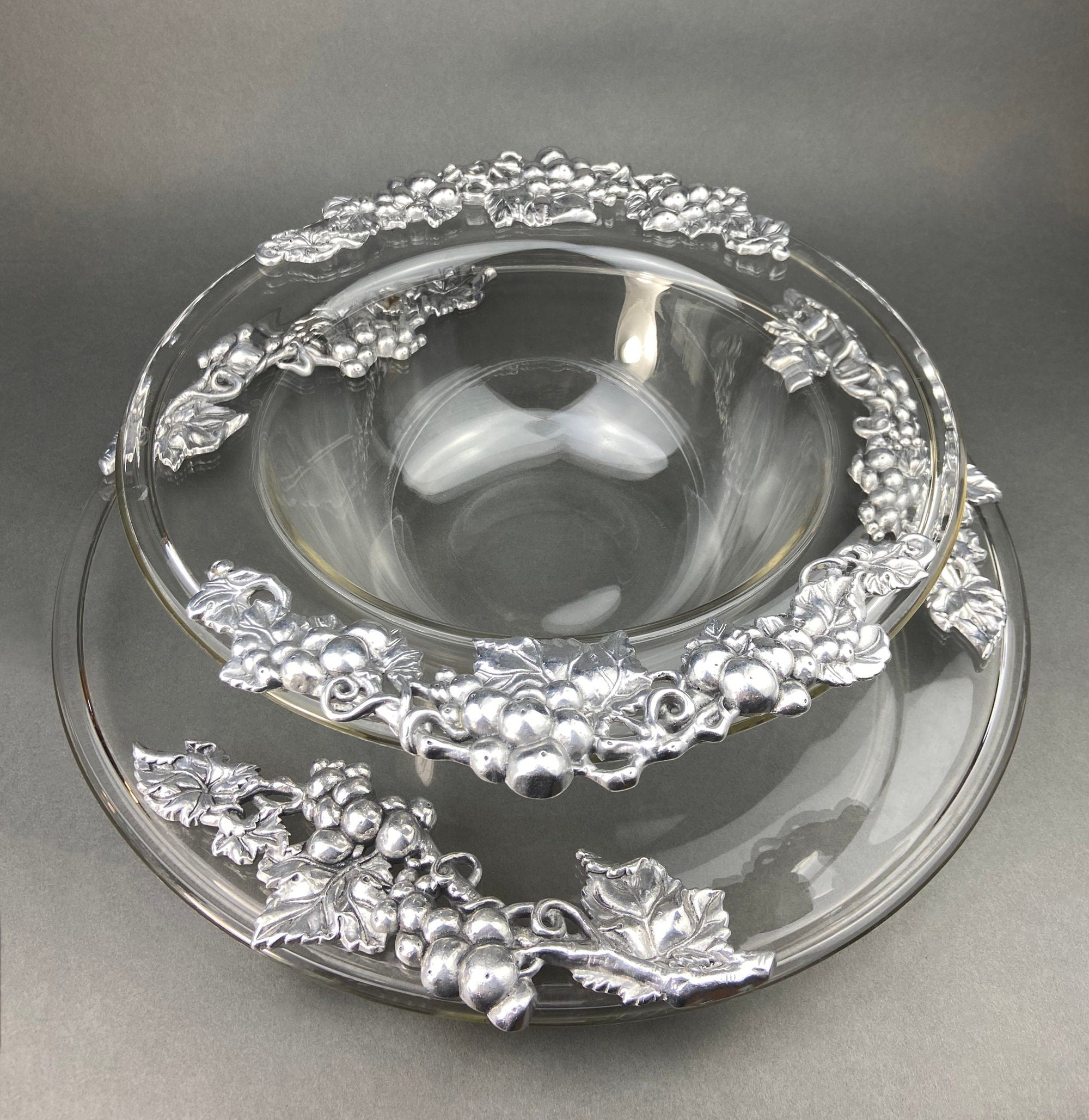 Vintage Extra Large Glass Serving Bowl and Platter with Aluminum Decor. Bowl and Platter Made in France.