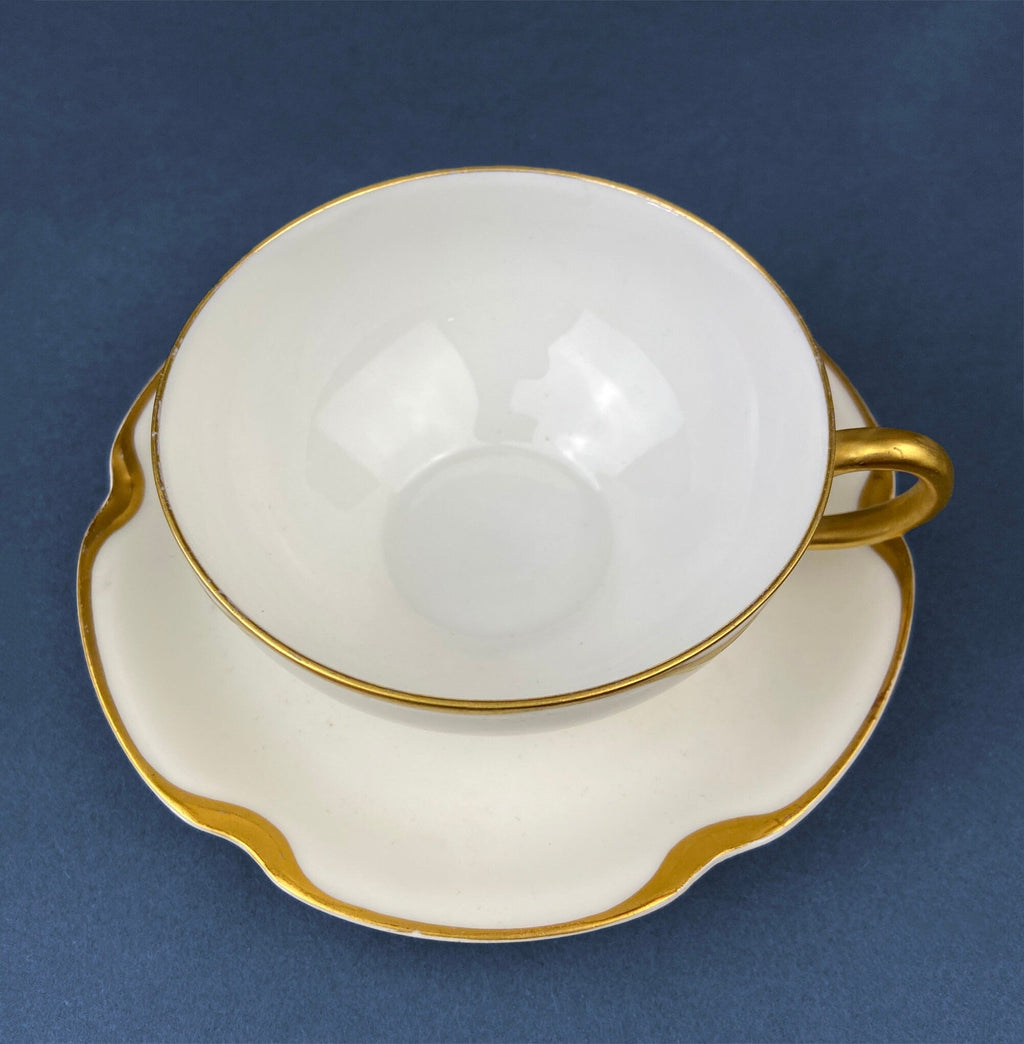 Haviland Limoges Tea Cup & Saucer – Silver Anniversary Pattern, Gold Scalloped Rim