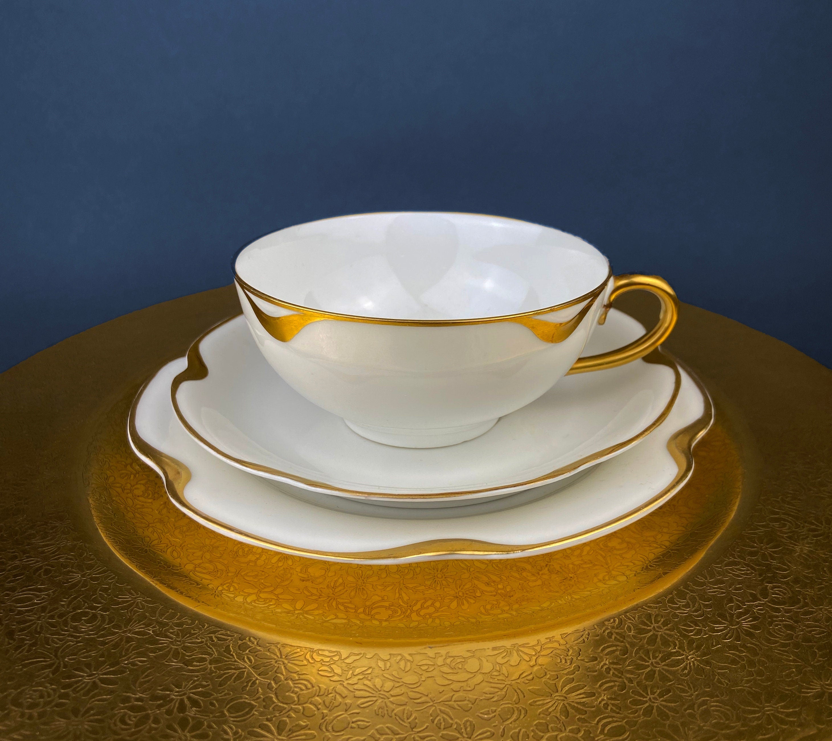 Antique Limoges Tea Cup and Saucer. Hand-Painted Porcelain by Haviland, France. Violet Clusters Motif. Highly Collectible.