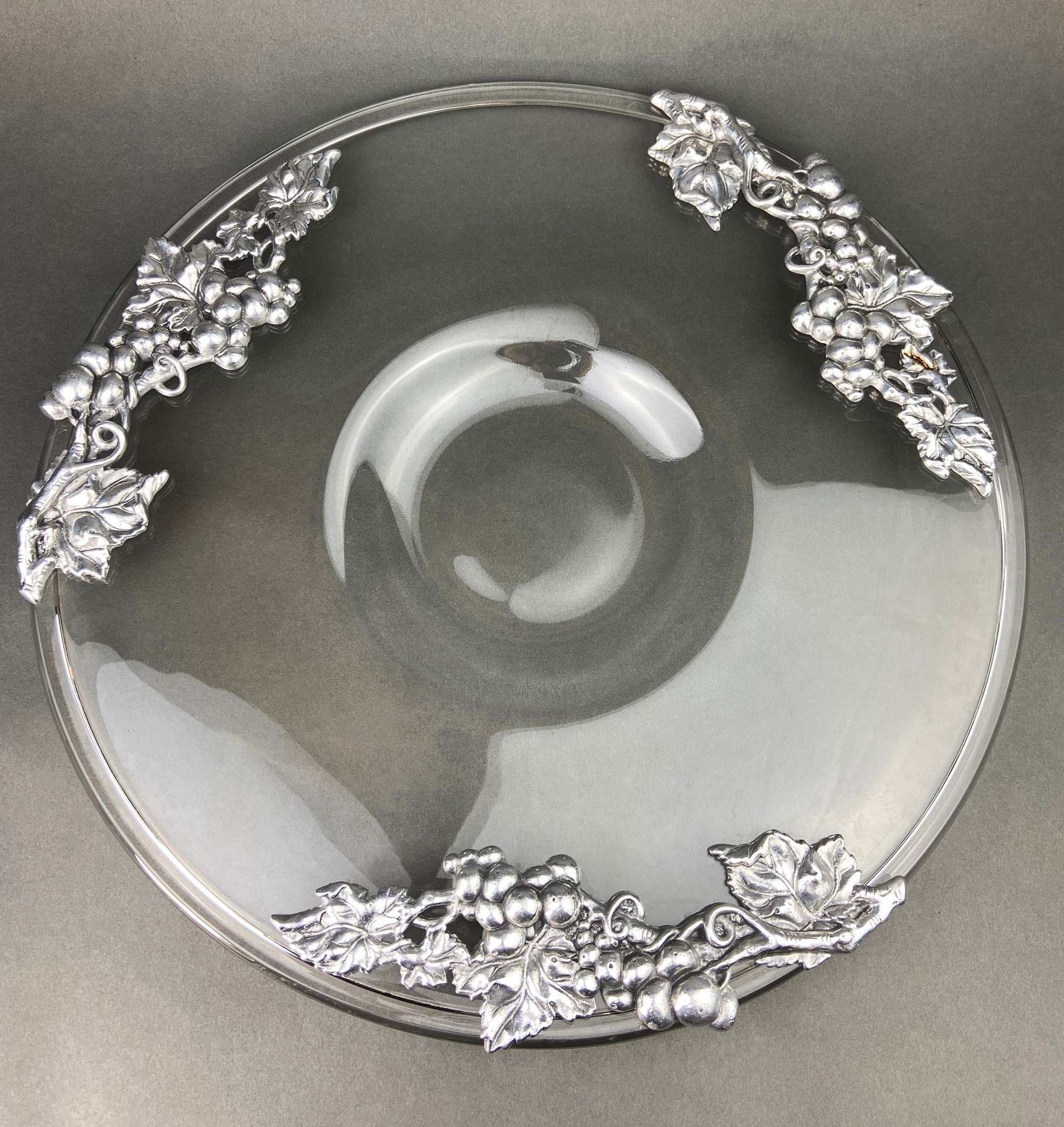 Vintage Extra Large Glass Serving Bowl and Platter with Aluminum Decor. Bowl and Platter Made in France.