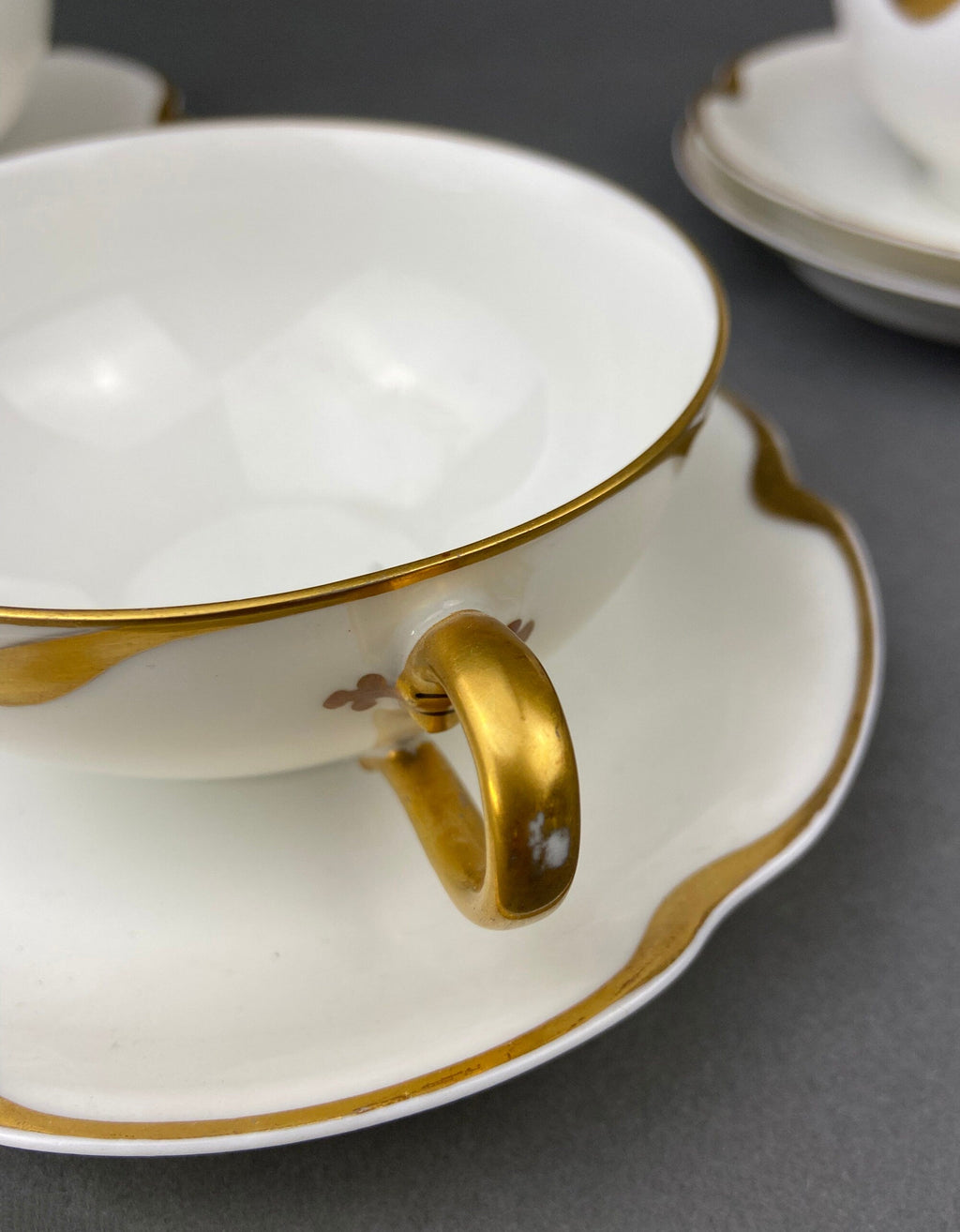 Haviland Limoges Tea Cup & Saucer – Silver Anniversary Pattern, Gold Scalloped Rim