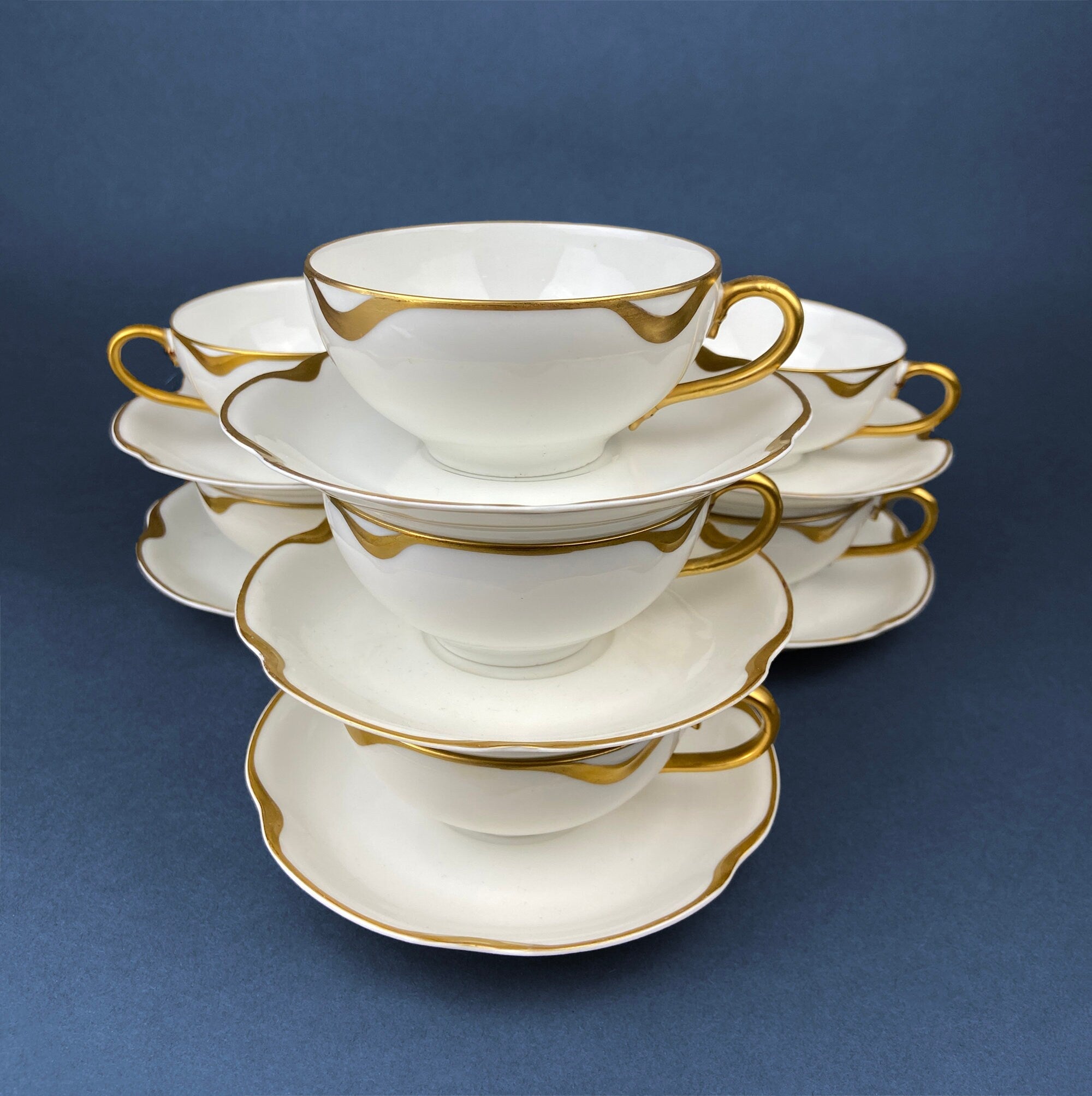 Haviland Limoges Tea Cup & Saucer – Silver Anniversary Pattern, Gold Scalloped Rim