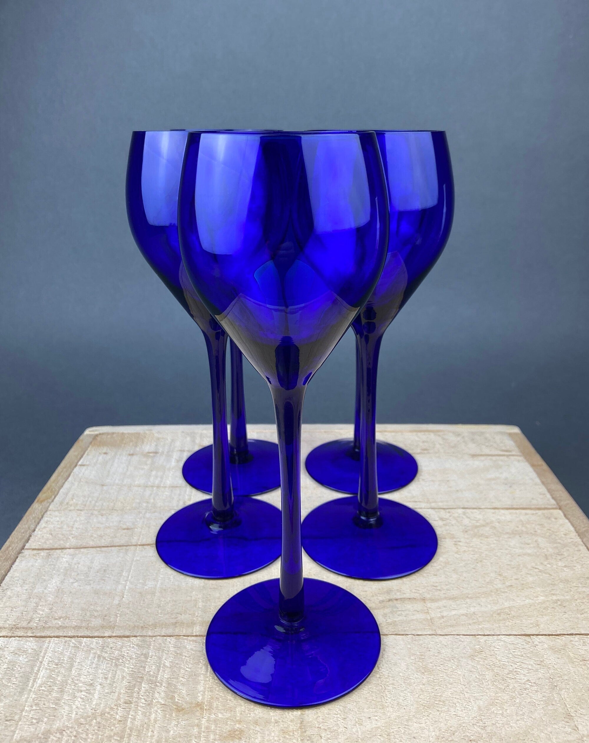 Cobalt Blue Glass Water Goblets, Set of 8