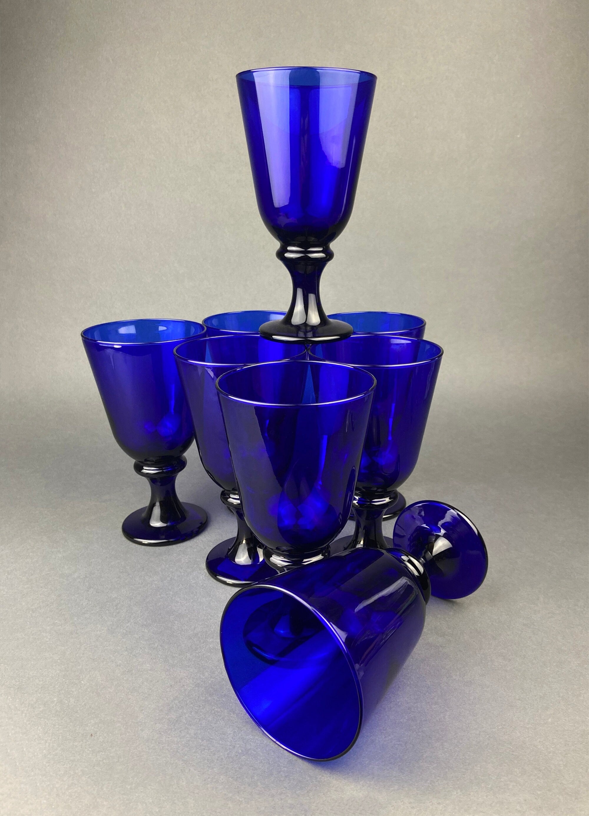 Cobalt Blue Glass Water Goblets, Set of 8