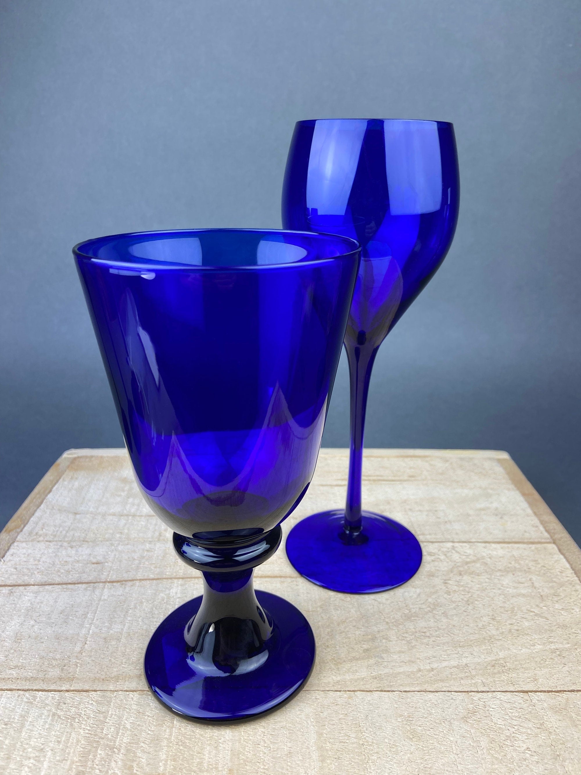 Cobalt Blue Glass Water Goblets, Set of 8