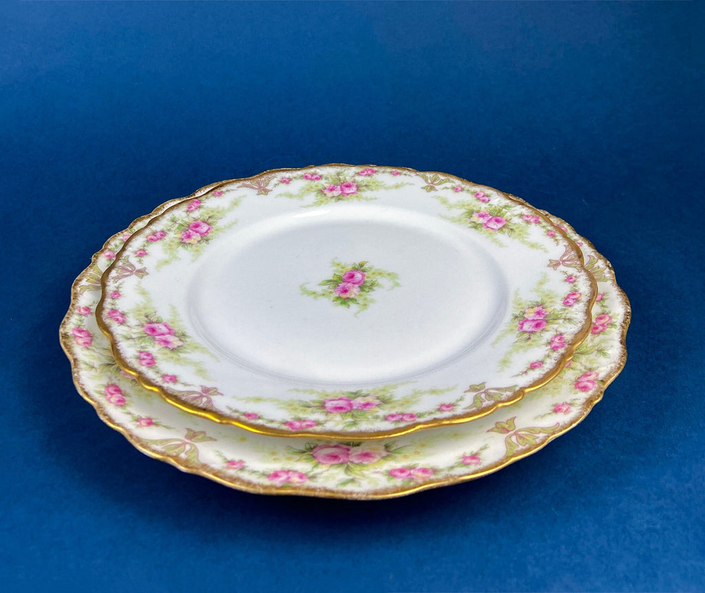 Antique Limoges Elite Porcelain Plates – Rose Garlands & Gold Rim, Set of 2